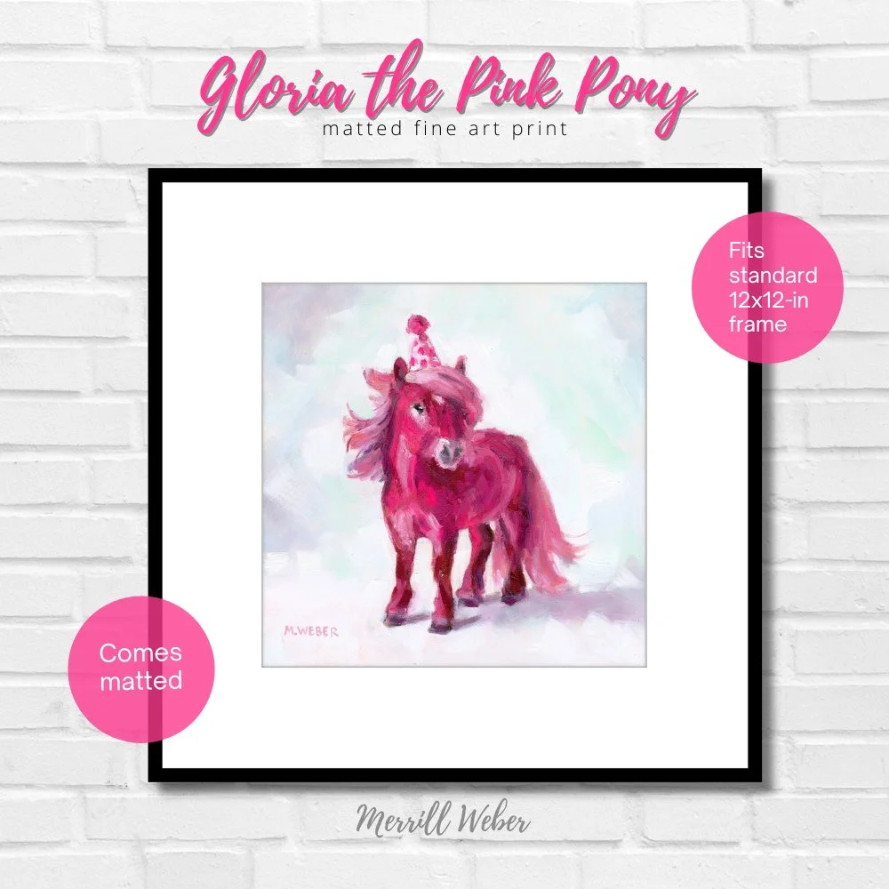 Gloria the Pink Pony matted art print shown in black frame with white mat, by Merrill Weber