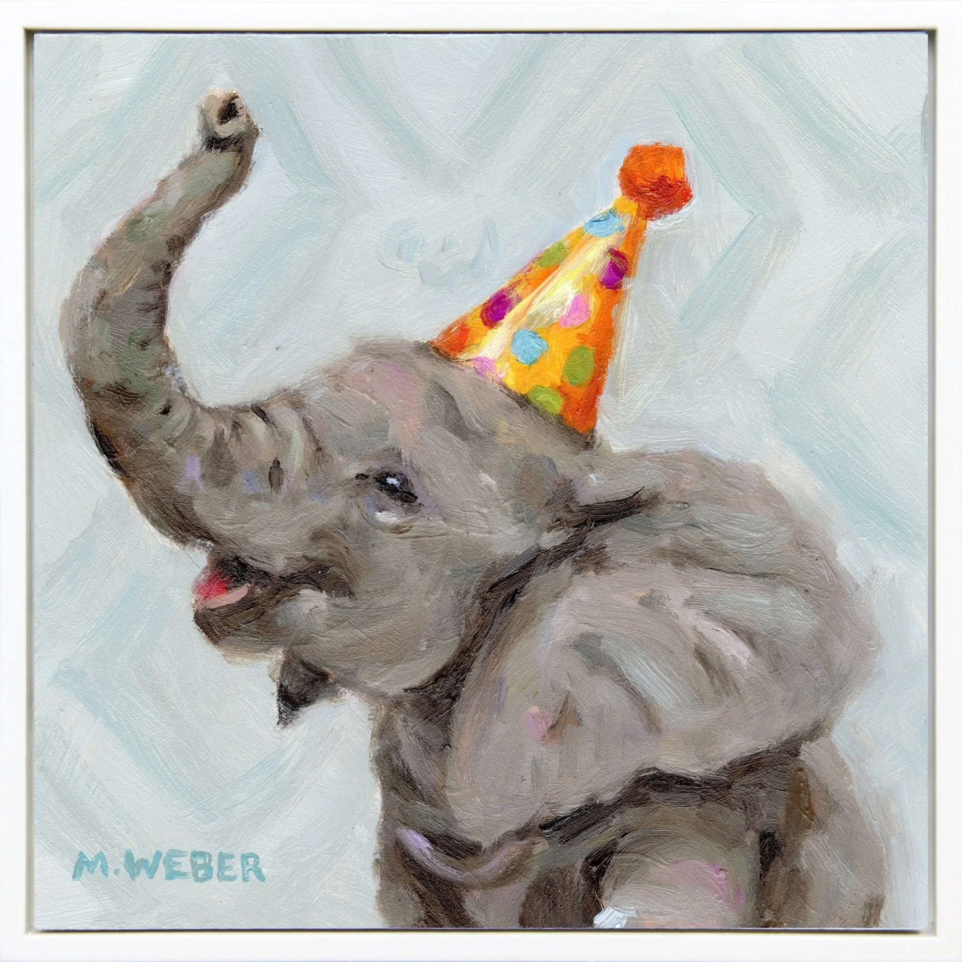 Barnaby, a baby elephant with raised trunk wearing a party hat, 6x6 oil painting on wood by Merrill Weber from the Party Animals series.