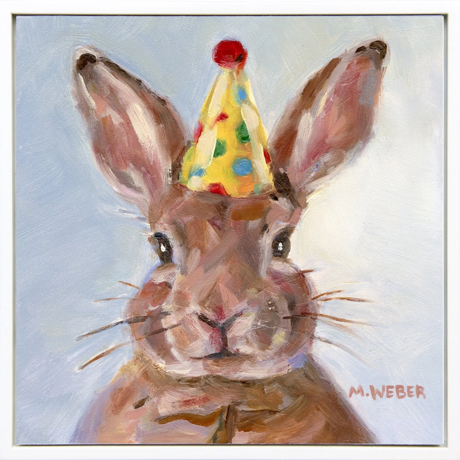 Archie the Bunny Rabbit mini oil painting by Merrill Weber in a custom white poplar floater frame, bunny rabbit wearing a polka dotted party hat. Part of the Party Animals series