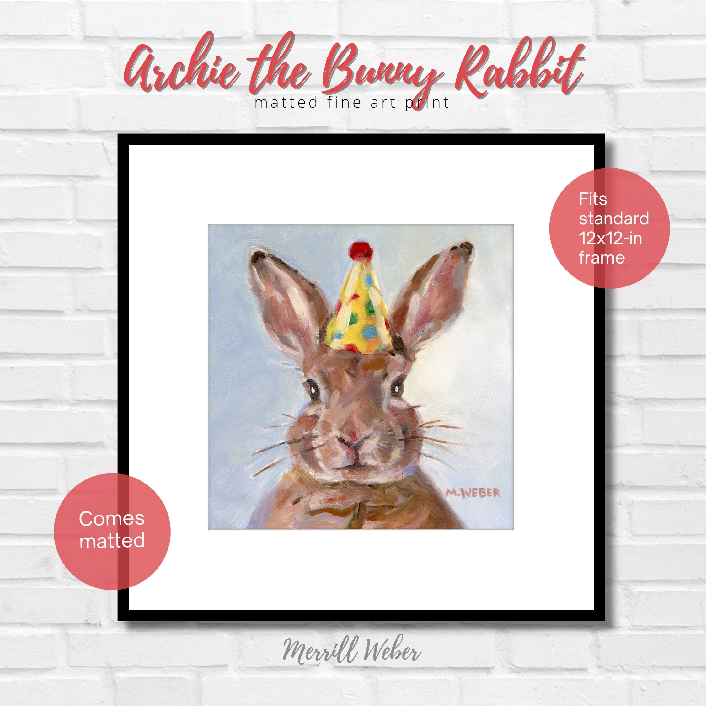 Archie the Bunny Rabbit giclée fine art print by Merrill Weber, shown matted and ready to fit a standard 12x12 frame