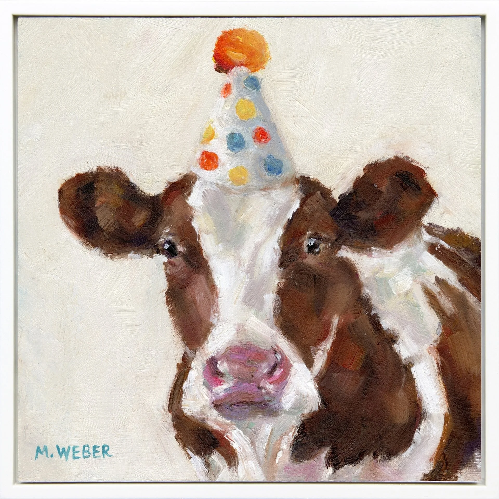 Clementine, a brown and white cow wearing a party hat, 6x6 oil painting on wood by Merrill Weber from the Party Animals series.