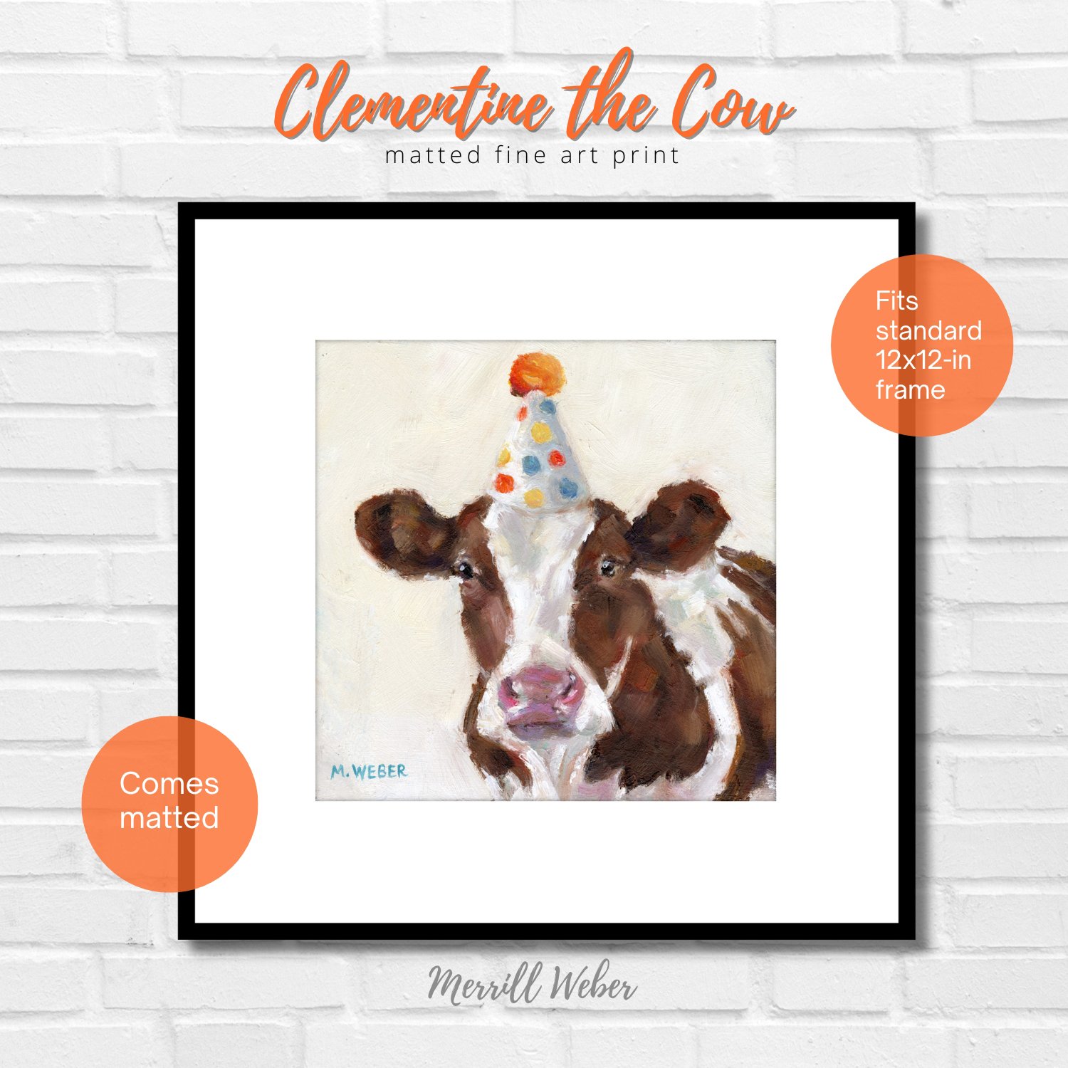 Clementine the Cow giclée fine art print by Merrill Weber featuring a brown and white cow in a colorful party hat against a soft cream background