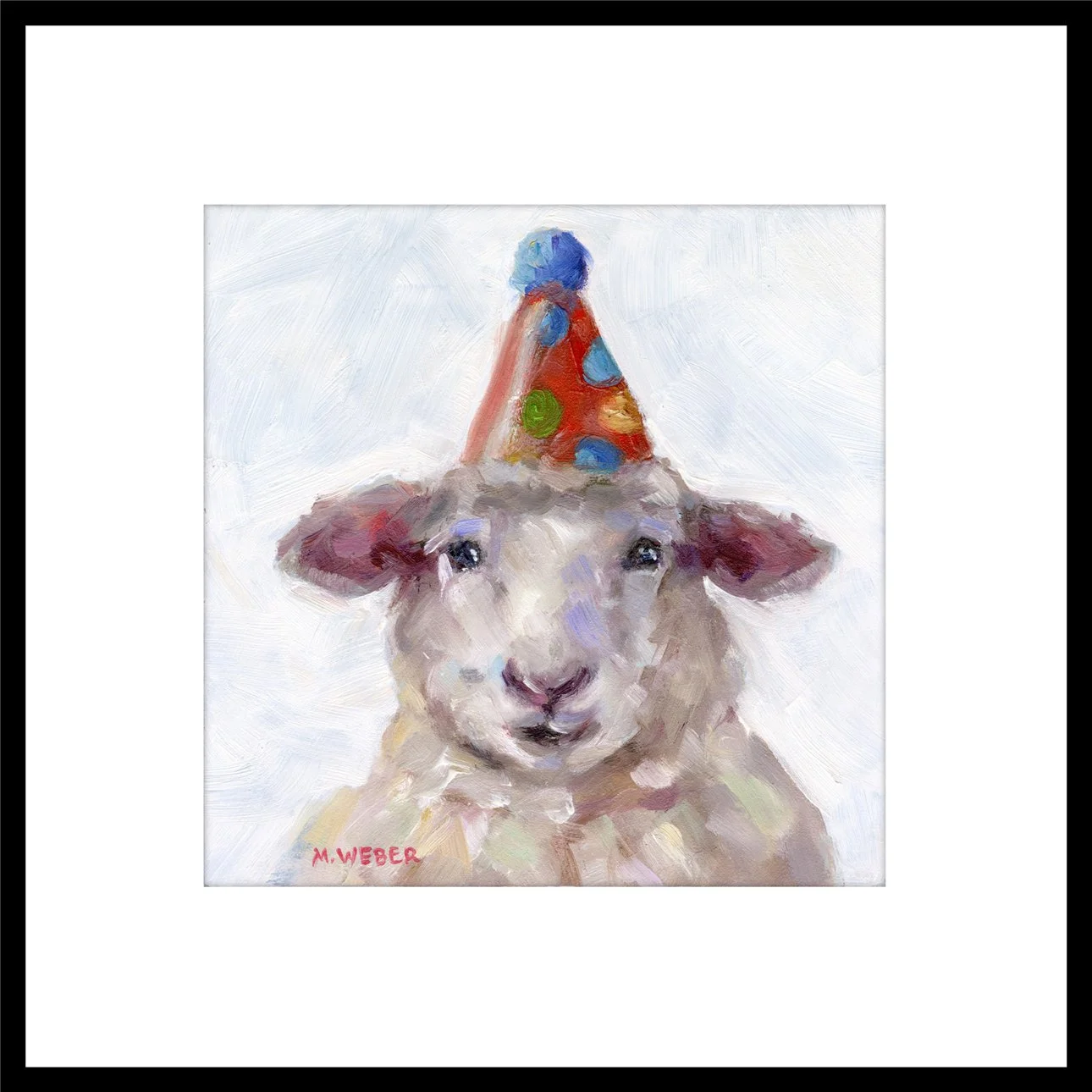 Emerson the Sheep framed giclée fine art print by Merrill Weber with wide white mat and black square frame