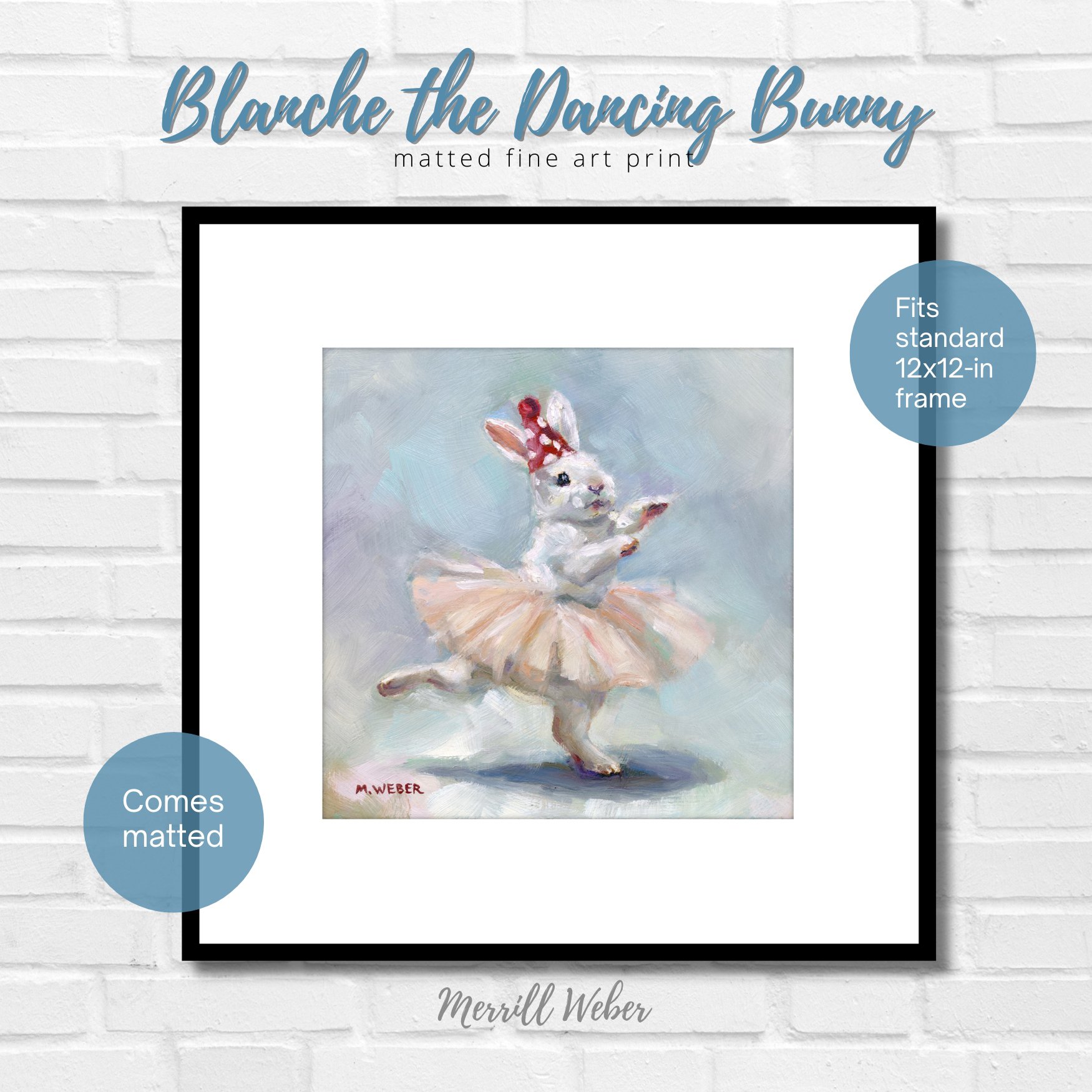 Blanche the Dancing Bunny framed giclée fine art print by Merrill Weber with wide white mat and black square frame