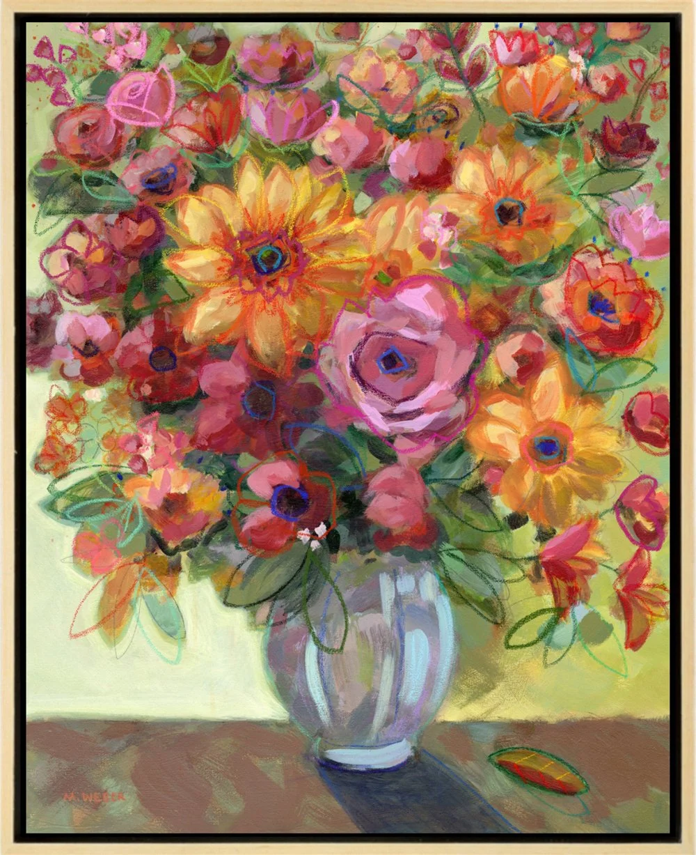 Original mixed media floral painting by Merrill Weber, in natural wood floater frame featuring golden sunflower, coral and orange zinnias, peachy-pink rose, and red berries in glass vase, 30x24 inches