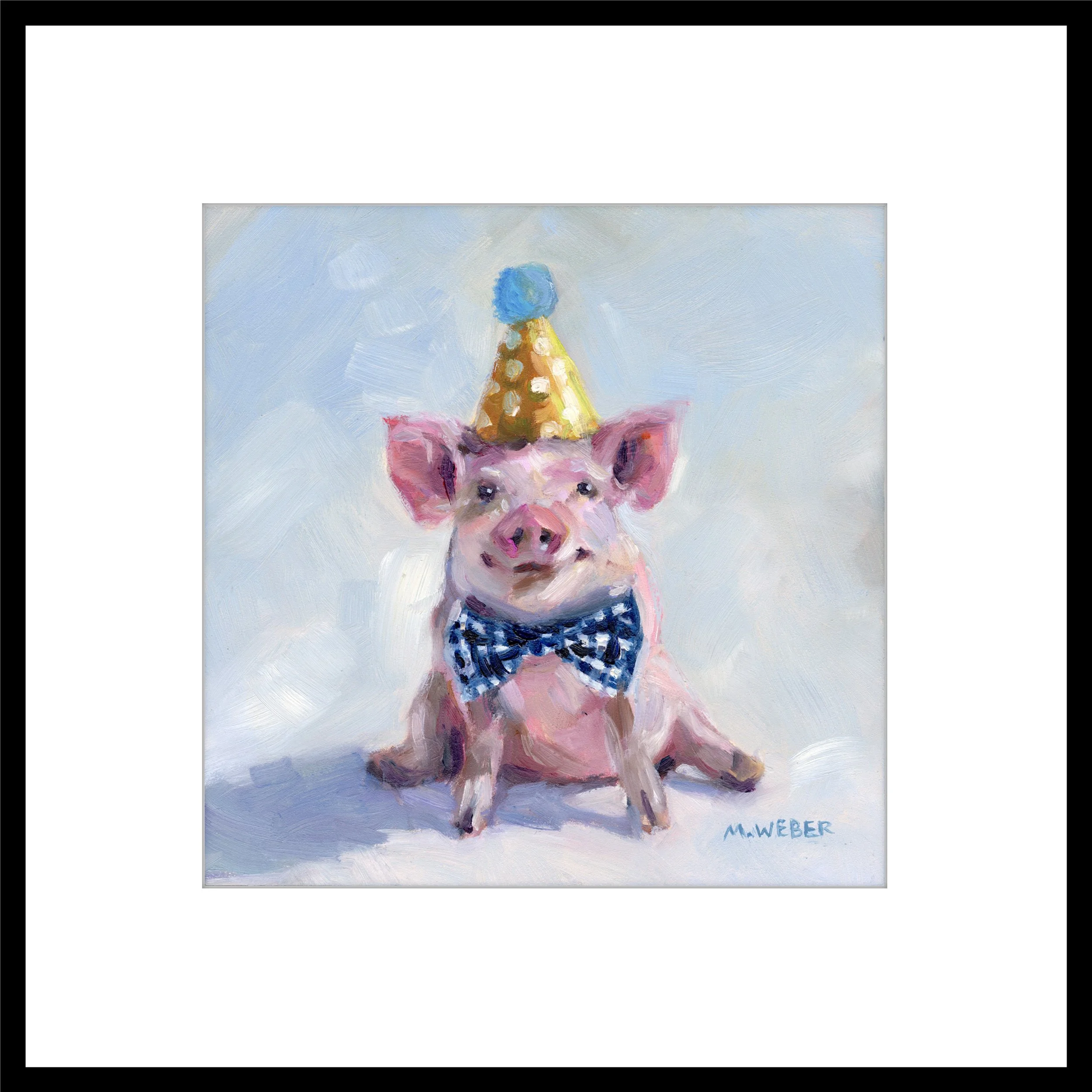 Baxter the Pig matted fine art print by Merrill Weber featuring a pig wearing a bow tie and polka dotted party hat