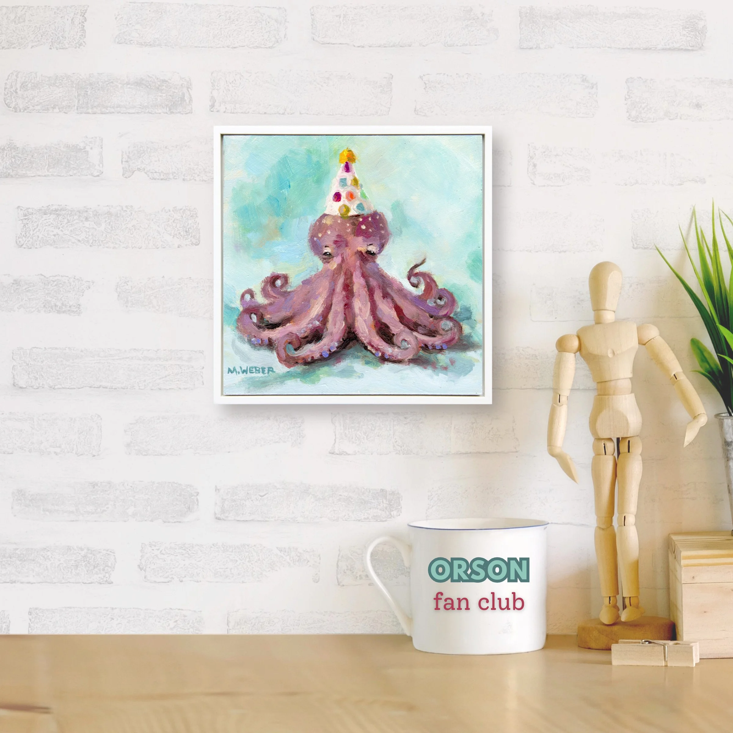 Orson the octopus wearing a party hat, 6x6 oil painting on wood by Merrill Weber from the Party Animals series.