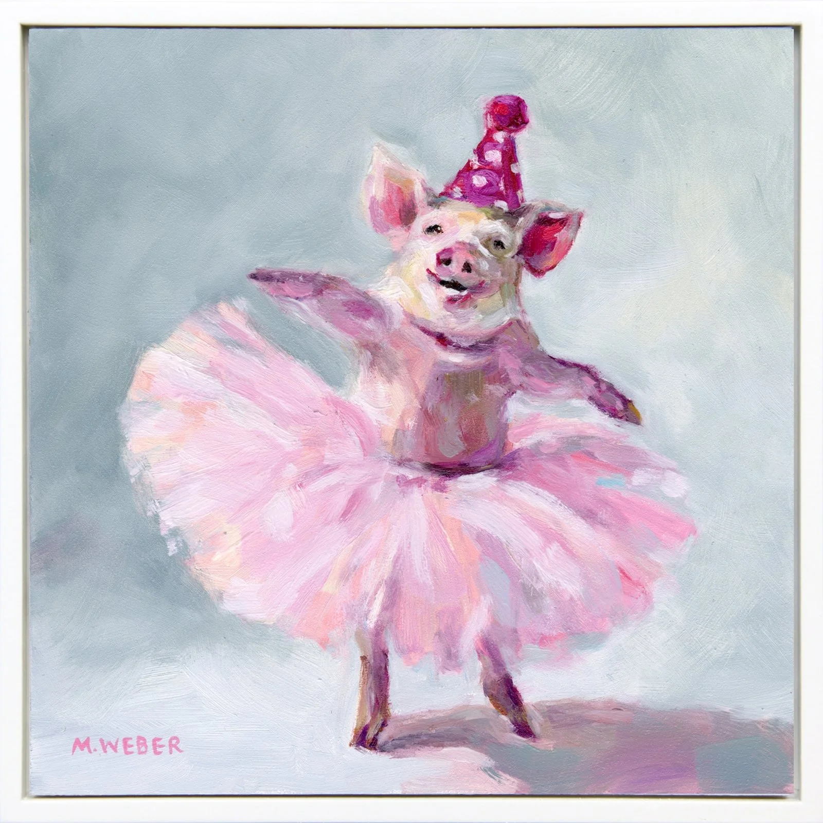 Eloise, a dancing pig in a tutu wearing a party hat, 8x8 oil painting on wood by Merrill Weber from the Party Animals series.