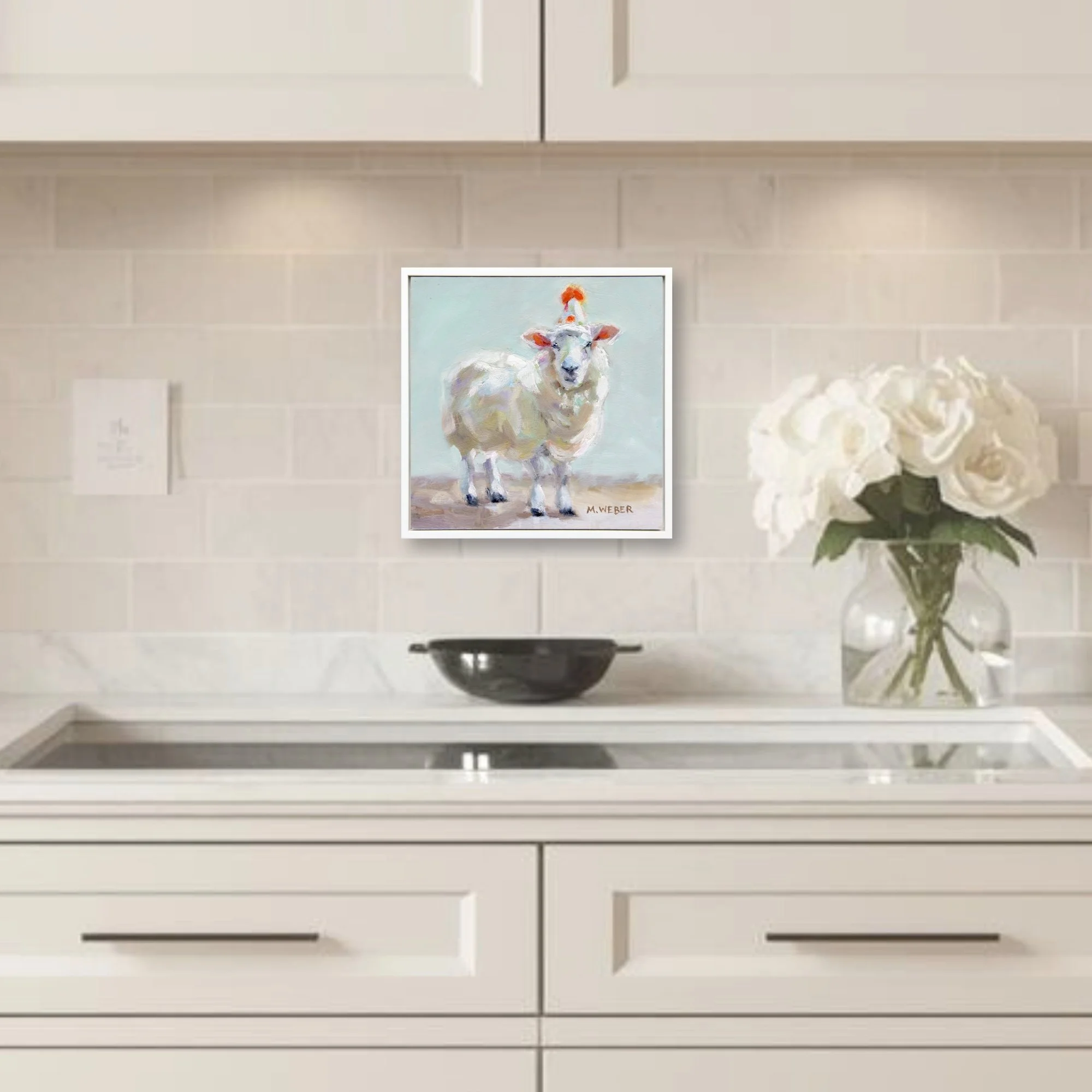 Eloise, a dancing pig in a tutu wearing a party hat, 8x8 oil painting on wood by Merrill Weber from the Party Animals series.