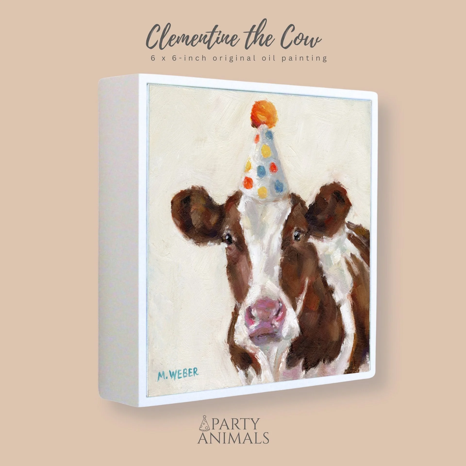 Clementine, a brown and white cow wearing a party hat, 6x6 oil painting on wood by Merrill Weber from the Party Animals series.