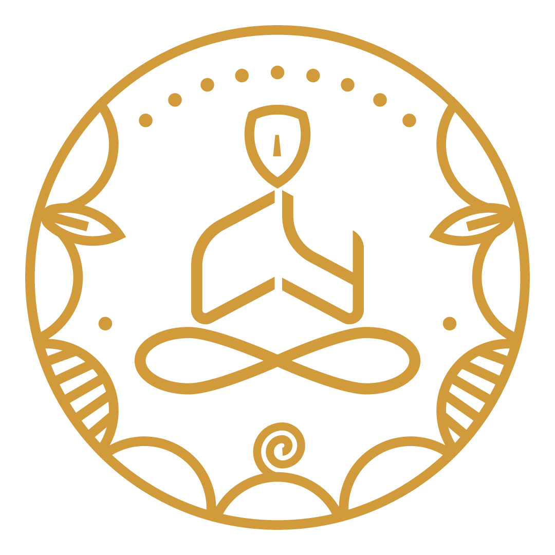 Symbol eines Meditationssitzes in einer kreisförmigen Linie mit dekorativen Blättern und einem Stern oben, in Gold auf schwarzem Hintergrund.