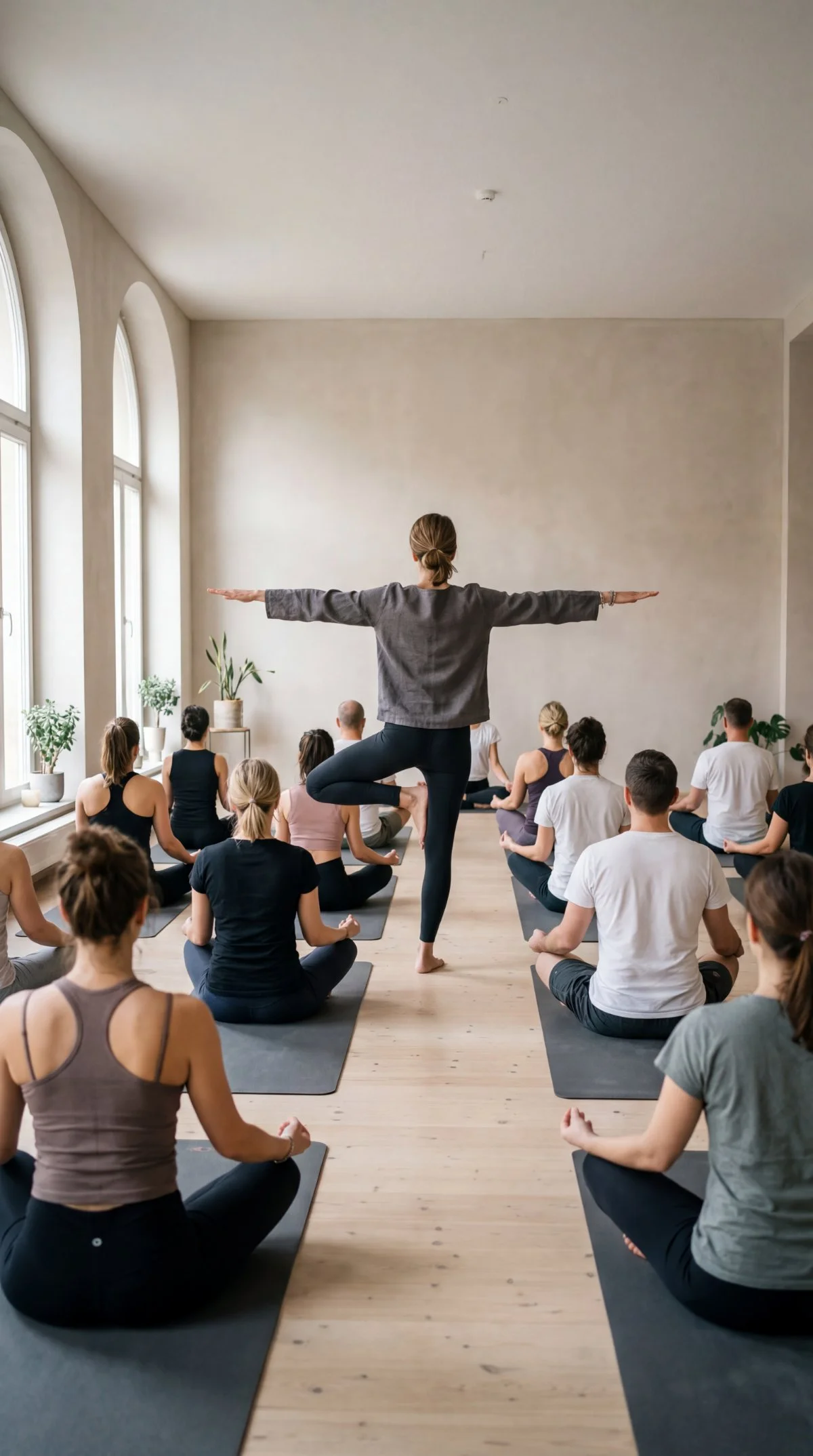 Menschen in einem Yoga-Kurs im Sitzen mit geschlossenen Augen, während eine Instruktorin in der Mitte im Baumhaltung steht.