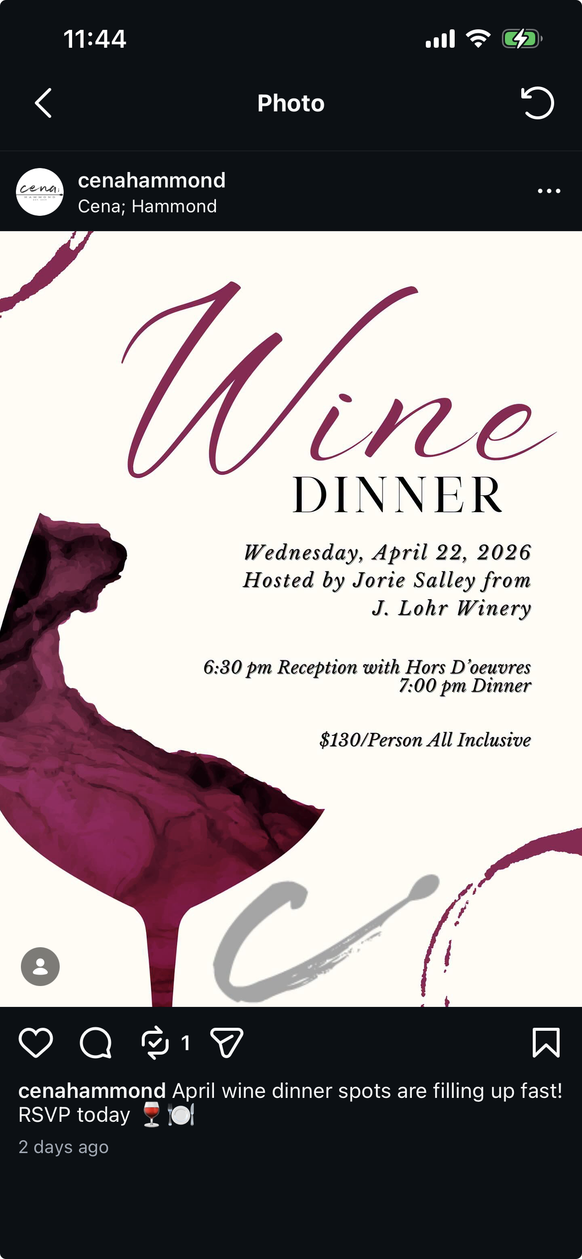 Wine Dinner at Cena;Hammond