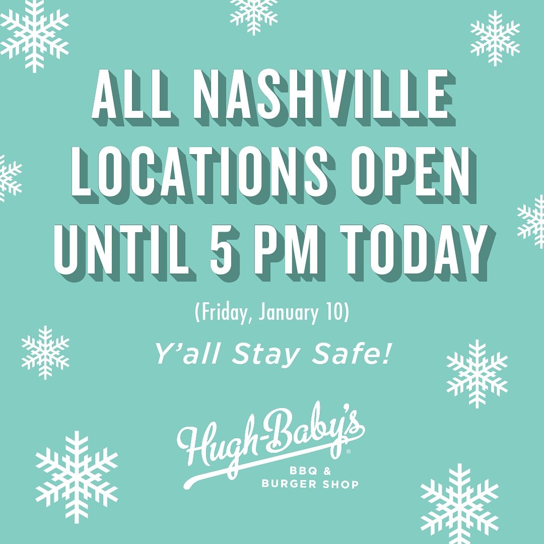 Snow Update! Our Nashville locations will be closing at 5 PM today so our team can get home safely. Stop by for lunch and warm up, or order Cheeseburgers to go for dinner with the family. Stay safe!