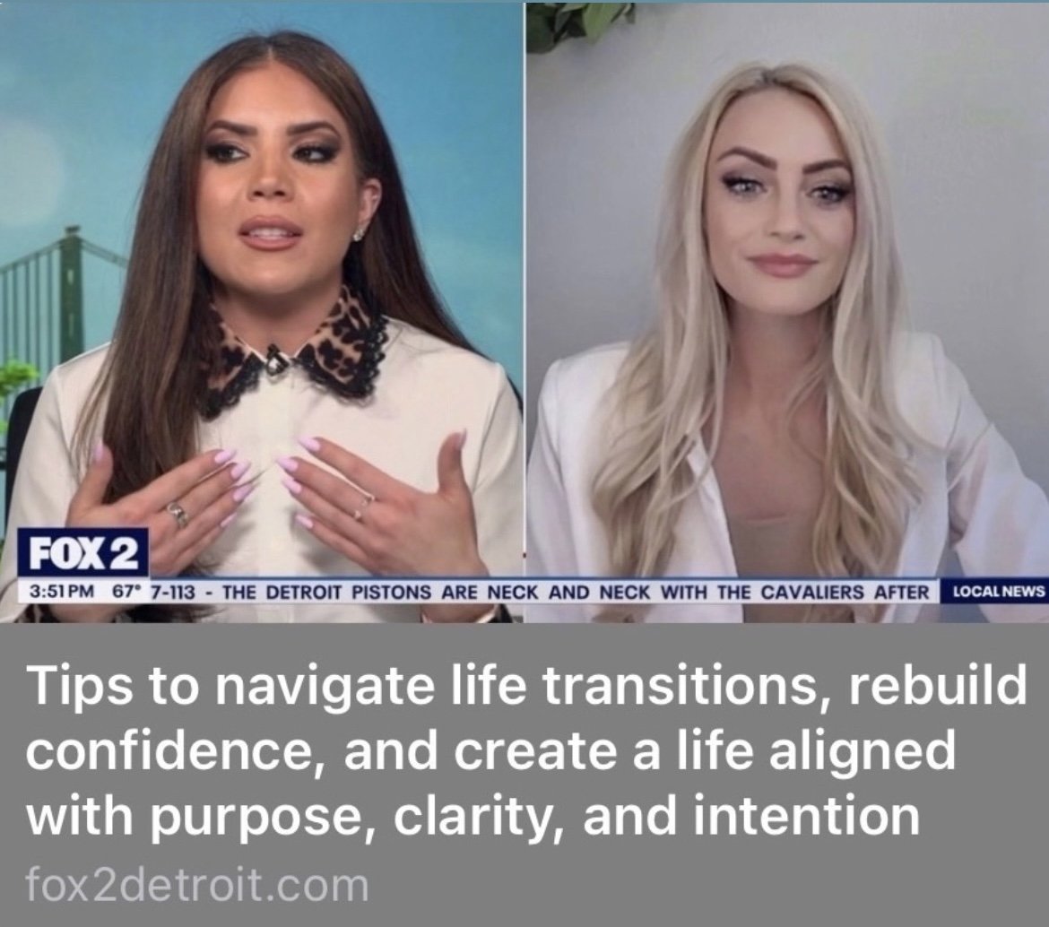 Two women appear on a TV news segment, discussing tips for navigating life transitions. One woman with long brown hair and a leopard print collar is speaking, and the other woman with long blonde hair is listening, both in professional attire. The news banner at the bottom displays the time, temperature, and news ticker.
