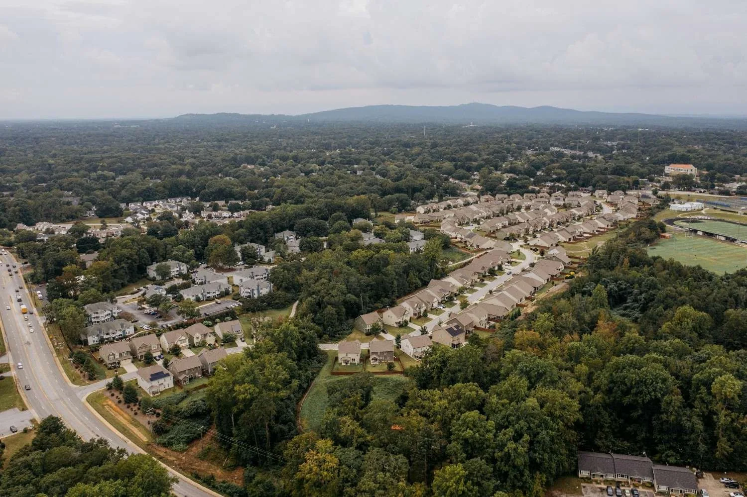 Aerial view of a well-maintained single-family residential community.