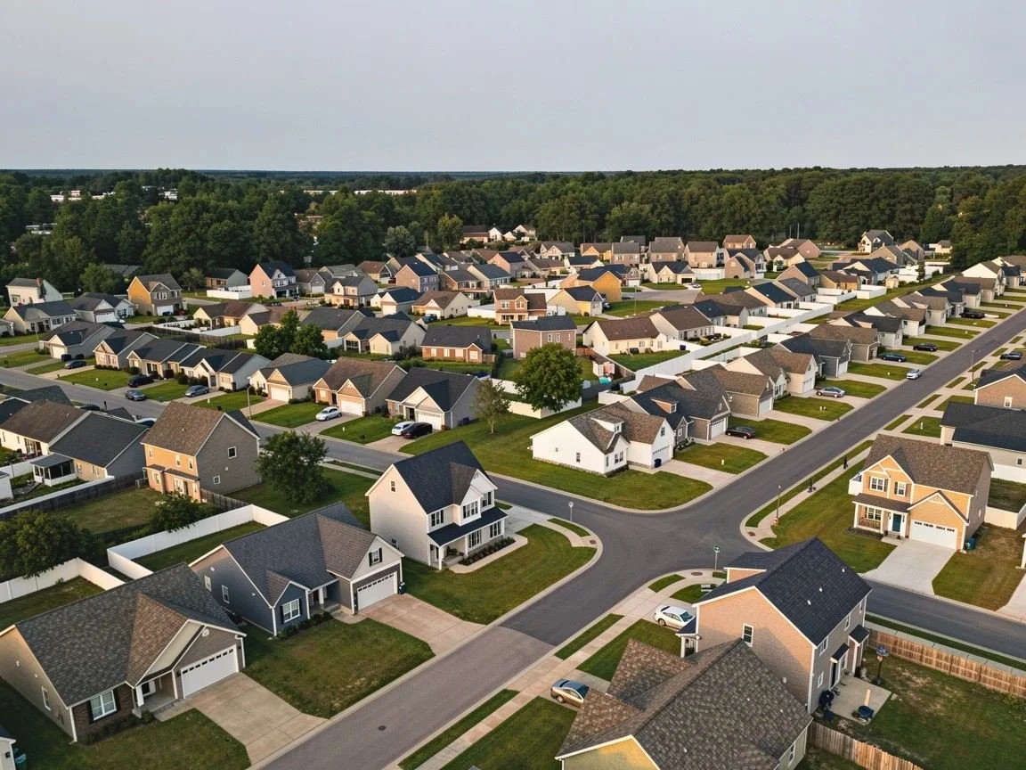 Aerial view of a well-maintained residential neighborhood managed by a professional HOA community management team.