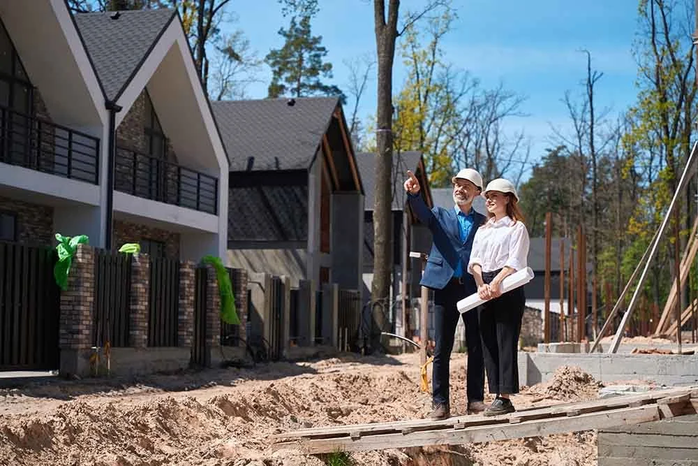 Property managers inspecting a newly developed residential community to support professional HOA management and neighborhood operations.