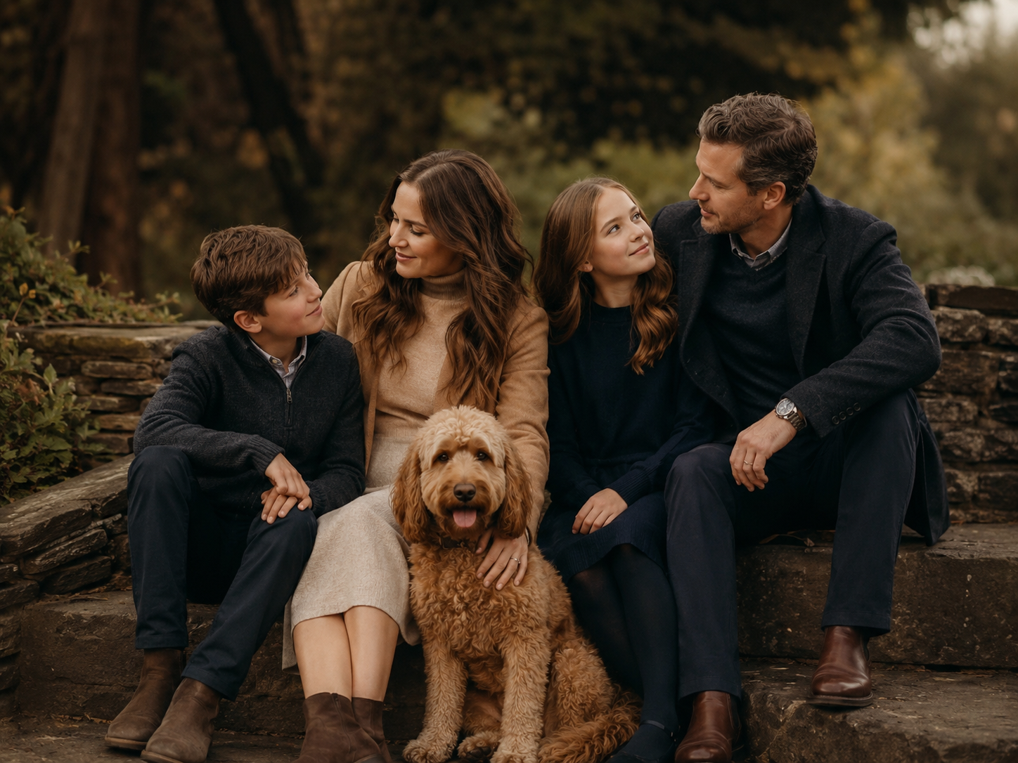 Family and dog portrait in Southeast Michigan showing coordinated dark outfits with one warm lighter tone for natural contrast example.