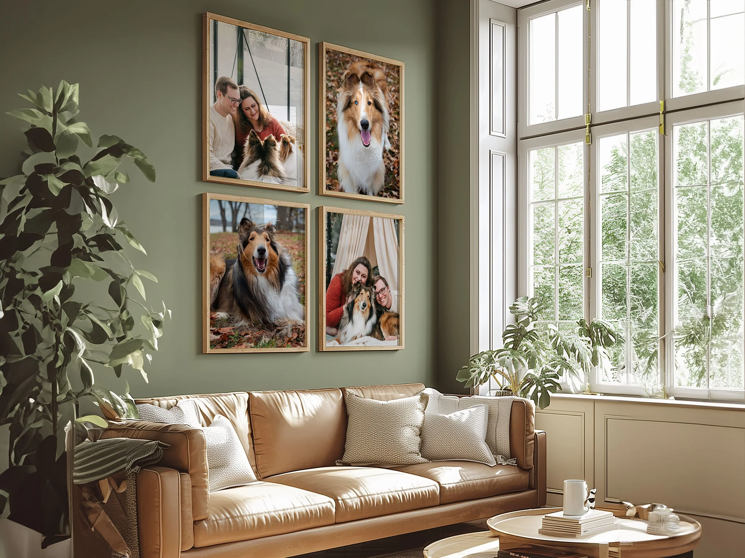 Living room with a brown leather sofa, white pillows, a round wooden coffee table with books and a mug, large window with greenery outside, green wall with six framed photos of dogs and a person with dogs, and tall green plants.