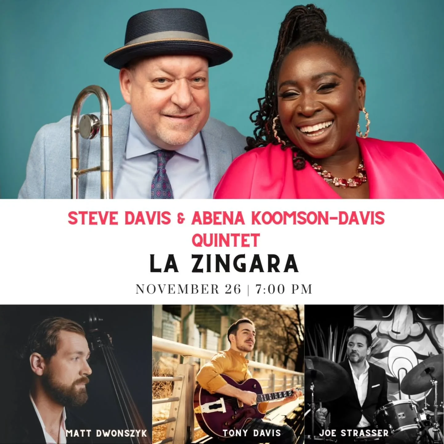Join us on Wednesday at 7pm for Jazz at La Zingara. 🎶🎼💖
Steve Davis and Abena Koomson-Davis Quintet featuring Tony Davis, Matt Dwonszyk &amp; Joe Strasser!! Come for an evening of joy, food, and beautiful music.

Venue: @lazingararestaurant 
8 PT 