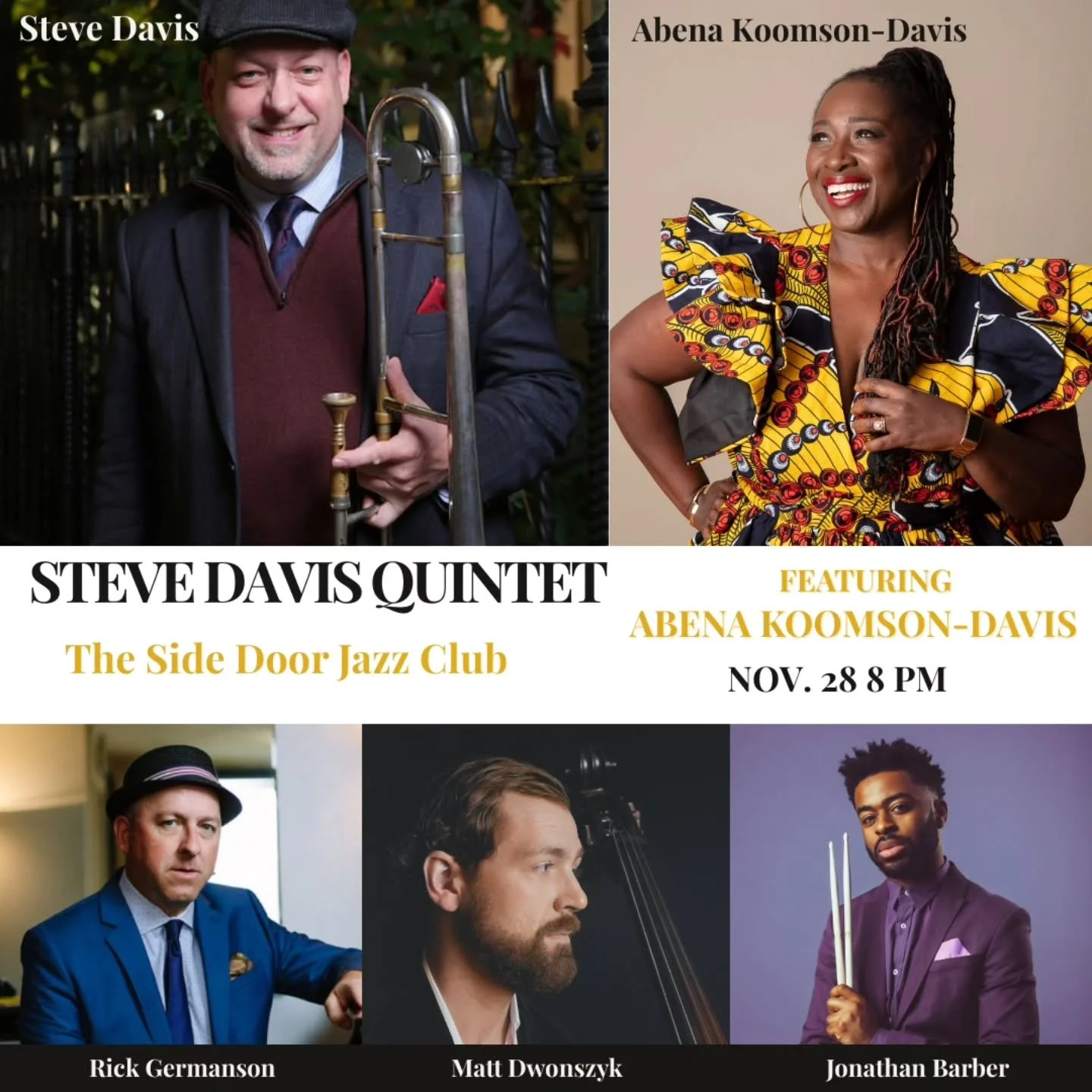 Join Steve &amp; Abena on  FRIDAY NOV. 28 for a joyous celebration at @sidedoorjazz 🚪🎶 We'll be joined by our dear friends (and phenomenal rhythm section!) #rickgermanson @dwonszyk @jonathanb_live 

Head to sidedoorjazz.com for tickets!