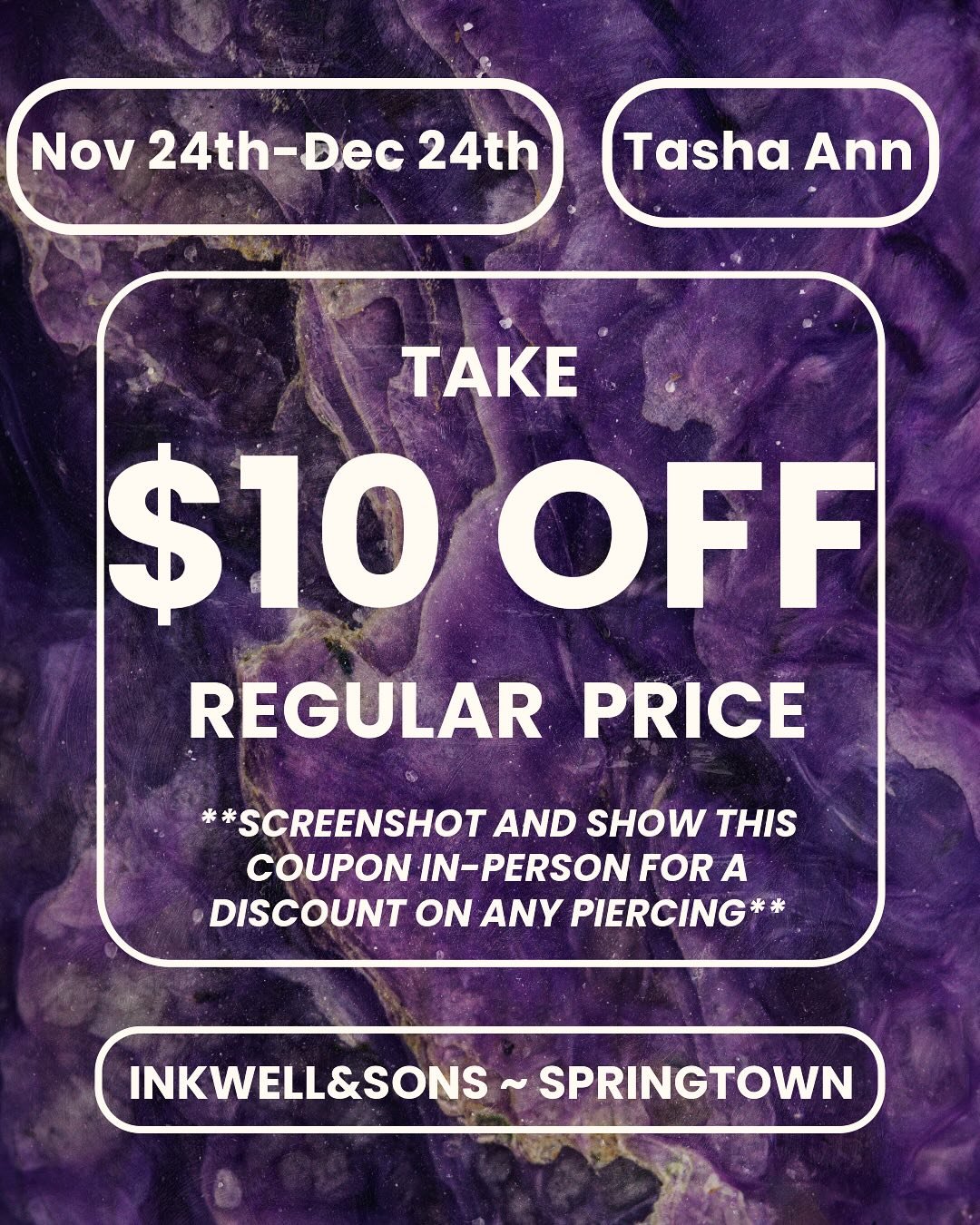 RUNNING SPECIAL 11/24-12/24  Screenshot this coupon and come in for a discounted piercing!!! See my availability and schedule an appointment here: https://www.inkwellandsons.com/appointments #piercing #piercings #piercer #tattooshop #tashaann