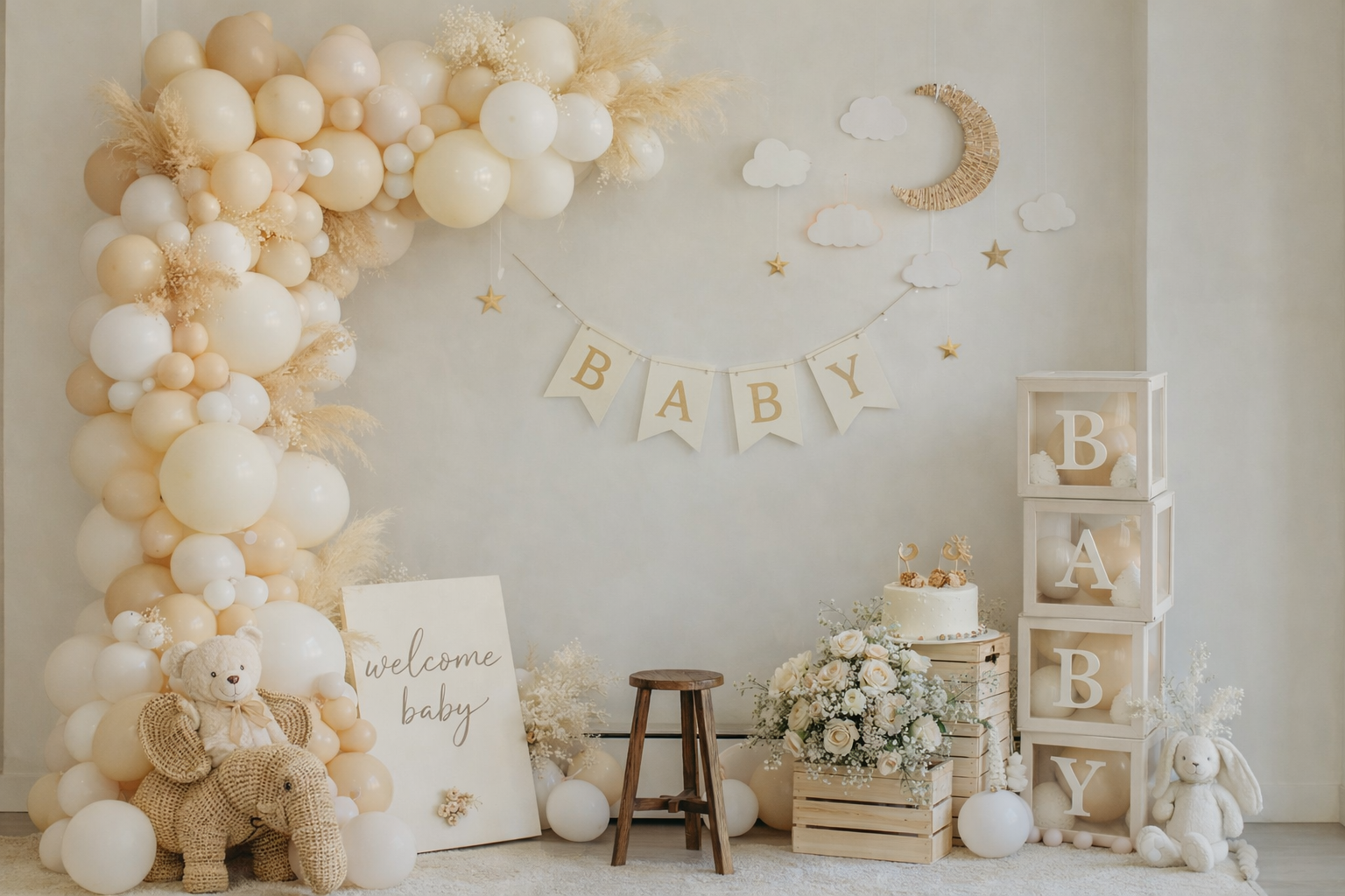 Neutral baby shower photo backdrop with a cream balloon arch, pampas accents, “BABY” banner, moon-and-cloud decor, florals, and stacked “BABY” blocks in a bright natural light studio in Niagara, Ontario.