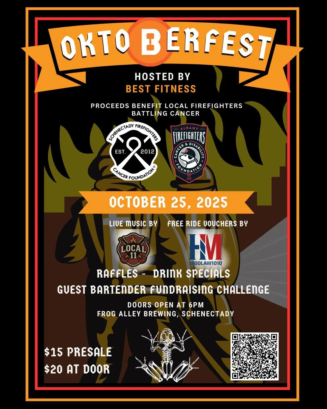 🍺🔥 OKTOBERFEST is back! 🔥🍺
Join us October 25th at Frog Alley Brewing for a night of live music, raffles, drink specials, and our Guest Bartender Fundraising Challenge! 🎶🍻

✅ $15 Presale | $20 at the Door
✅ Doors open at 6 PM
✅ Free ride vouche