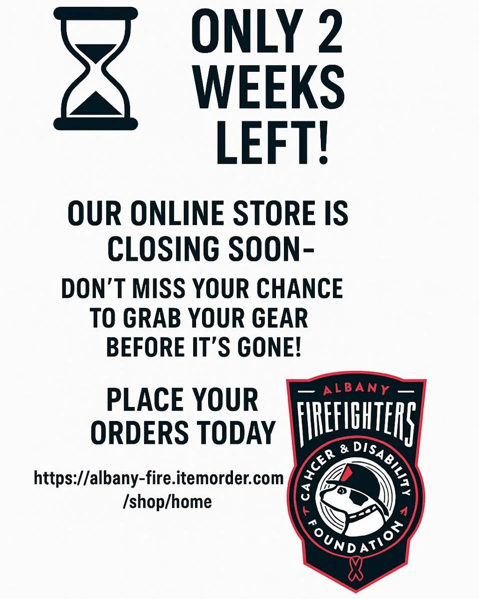 ⏳ Only 2 Weeks Left! ⏳

Our summer online store is closing soon&mdash;don&rsquo;t wait until it&rsquo;s too late to grab your gear and support the Albany Firefighters Cancer &amp; Disability Foundation.

🔥 Shop now before it&rsquo;s gone!

🛒 [Link 