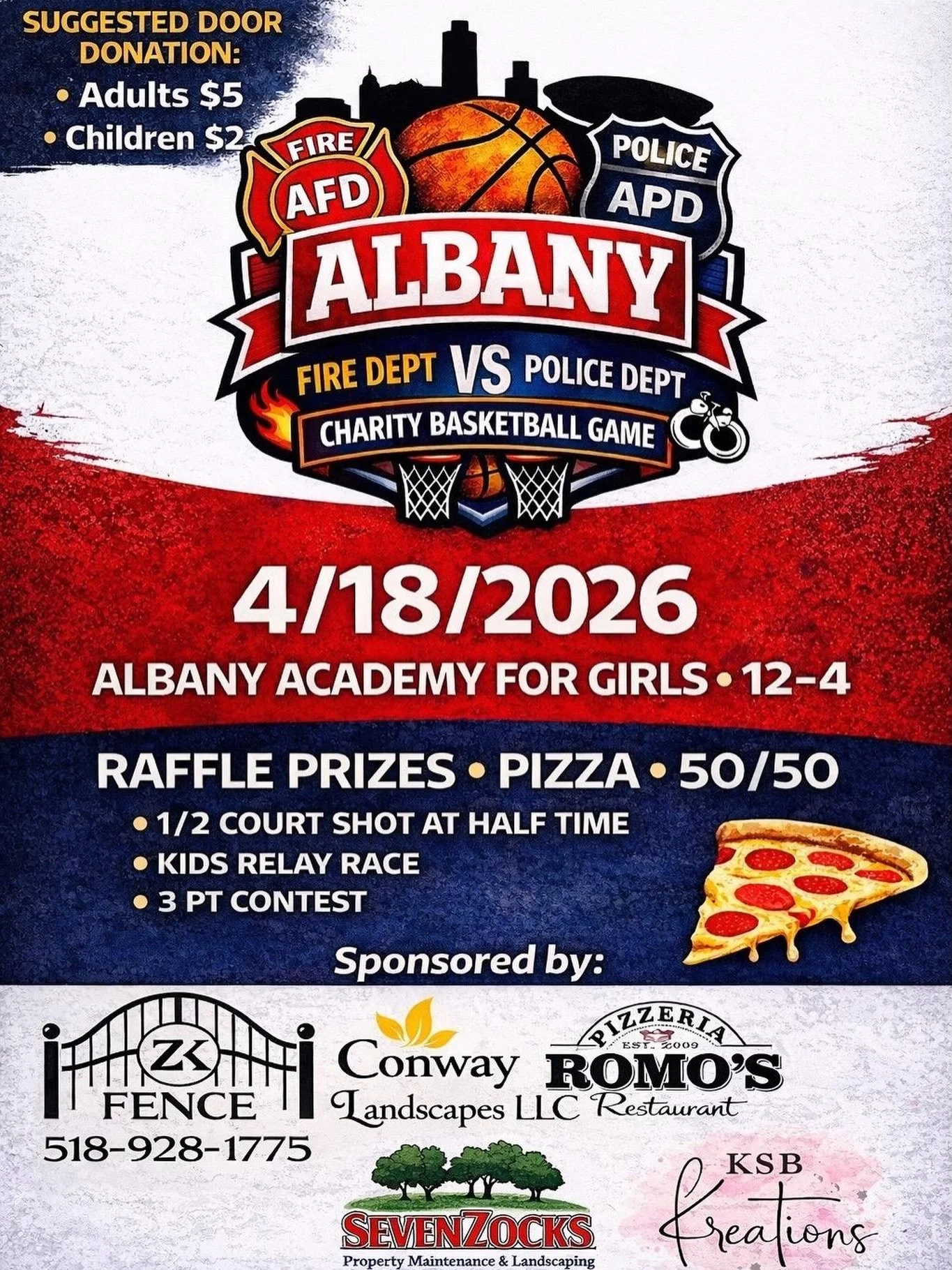 🔥🚒🚓 WHO ARE YOU ROOTING FOR, ALBANY?! 🏀🔥

It&rsquo;s Fire vs Police in an epic showdown you won&rsquo;t want to miss!

Join us on April 18, 2026 from 12&ndash;4 PM at Albany Academy for Girls for the Fire Dept vs Police Dept Charity Basketball G
