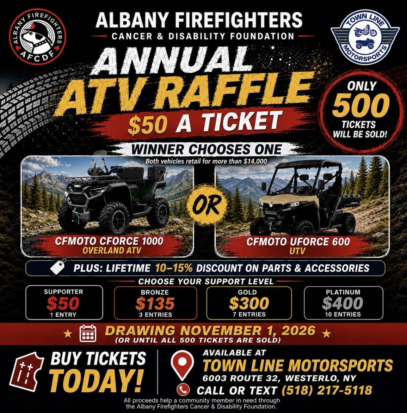AFCDF is excited to announce that we will once again be partnering with Townline Motorsports in Westerlo for our annual ATV/UTV raffle! 

This year, the winner will have their choice of either a CFMoto UForce 600 UTV or a CFMoto CForce 1000 Overland 
