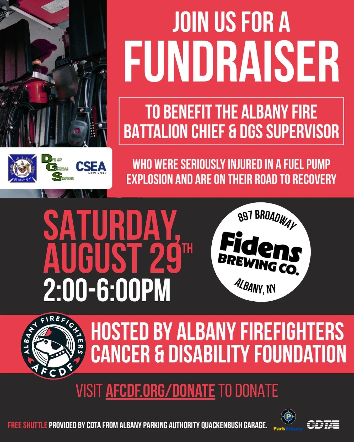 🔥 JOIN US FOR A FUNDRAISER! 🔥

On Saturday, August 29th, join us at Fidens Brewing Co. in Albany for a family-friendly afternoon of community, support, and fundraising for Albany Fire Battalion Chief Wayne Brennan and DGS Supervisor Anthony Hughes,