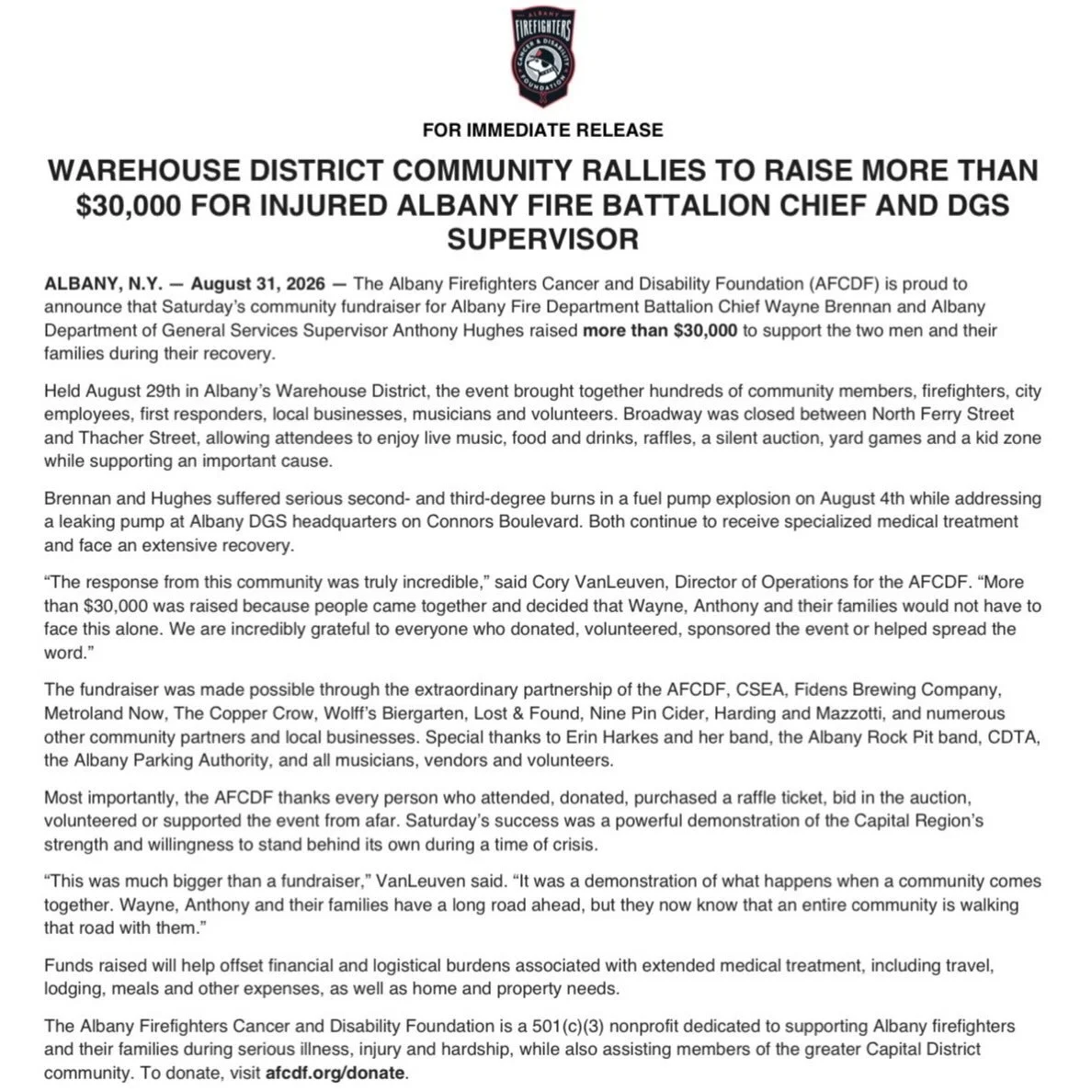🚨FOR IMMEDIATE RELEASE🚨 

The numbers are in from Saturday&rsquo;s fundraiser for Battalion Chief Wayne Brennan and DGS Supervisor Anthony Hughes. 

Before we share the numbers, we would just like to thank every single person who showed up to suppo