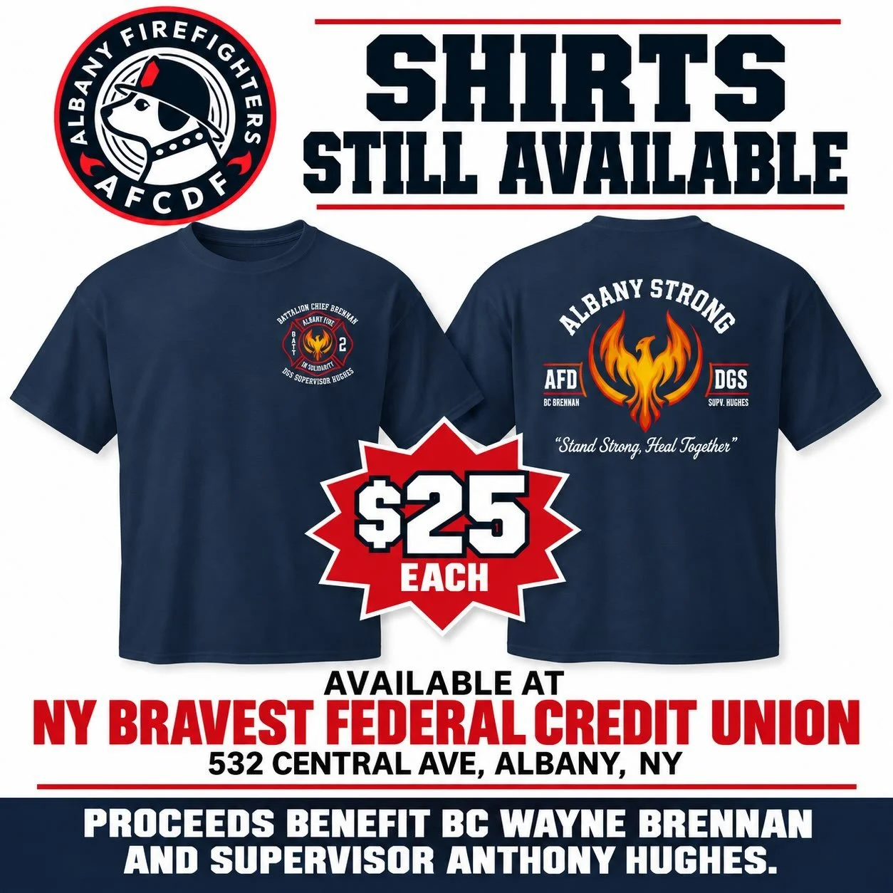 Didn&rsquo;t get a chance to buy a shirt at our fundraiser? Not a problem!

Fundraiser shirts are available at our firefighter&rsquo;s credit union! @nybravestfcu , located at 532 Central Ave, Albany, NY. 

Stop by and grab a shirt while they&rsquo;r