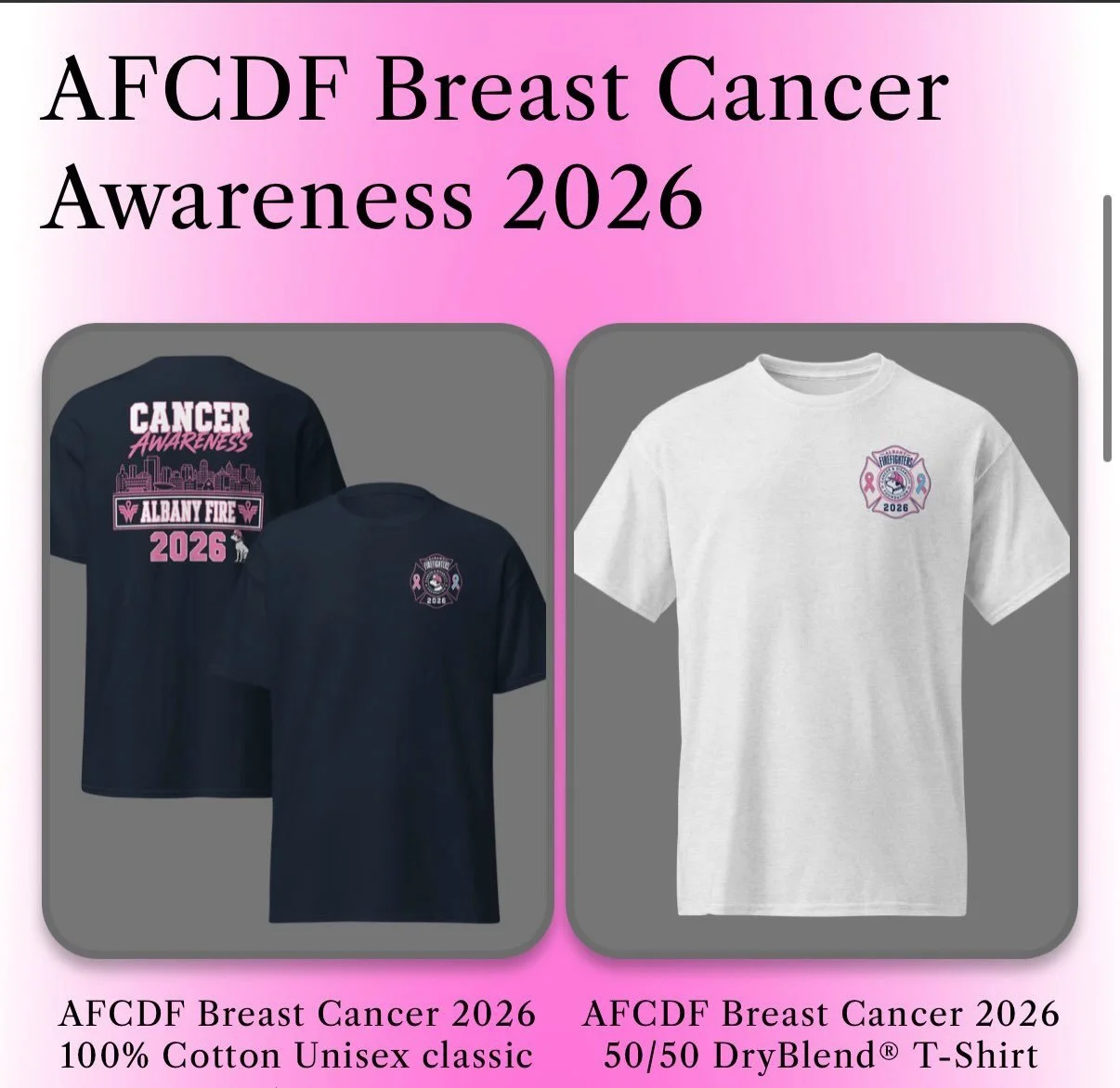 🚨 IT&rsquo;S THAT TIME AGAIN! 🚨 

🚨 MERCH STORE IS LIVE 🚨 

The Albany Firefighters Cancer and Disability Foundation is excited to present the 2026 Breast Cancer Awareness design! 

We are proud to be partnering with @endofshiftapparel 

Our onli
