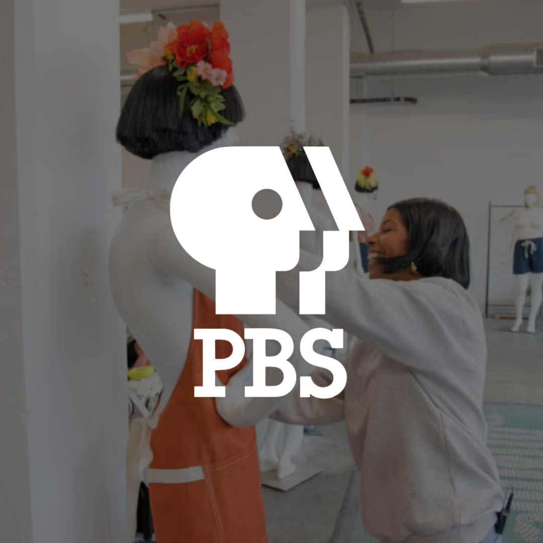 PBS feature graphic showing Kimberly McGlonn working with a mannequin in a design studio