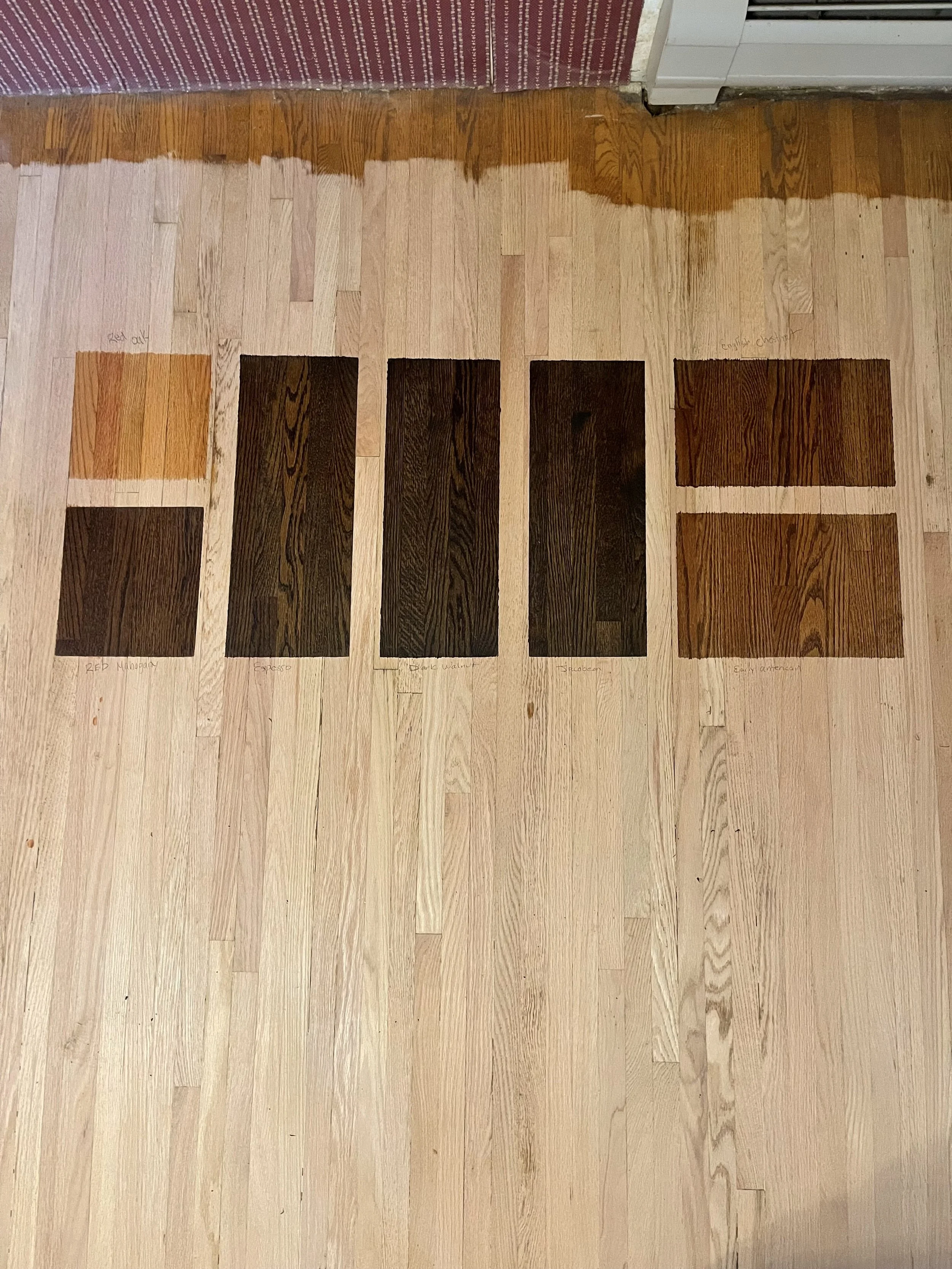 Variety of wood stain samples on a hardwood floor
