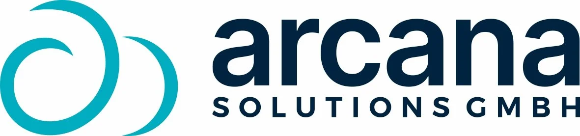 Logo of Arcana Solutions GmbH with stylized blue swirl design and company name in black text.