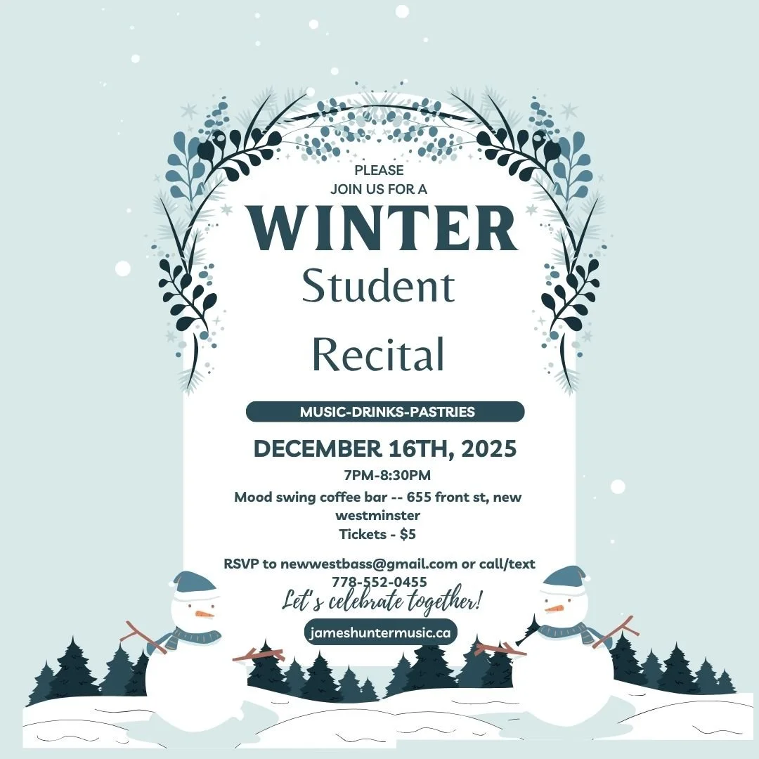 Winter student recital invitation with snowmen, snowflakes, and pine trees, featuring event details including date, time, location, and RSVP information.