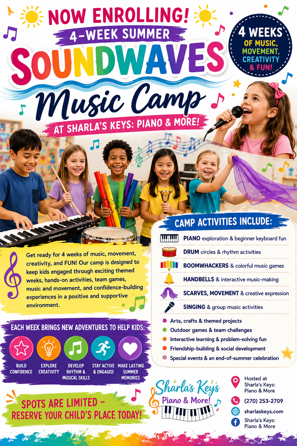 SoundWaves Music Camp Announcement Flyer. Summer 2026