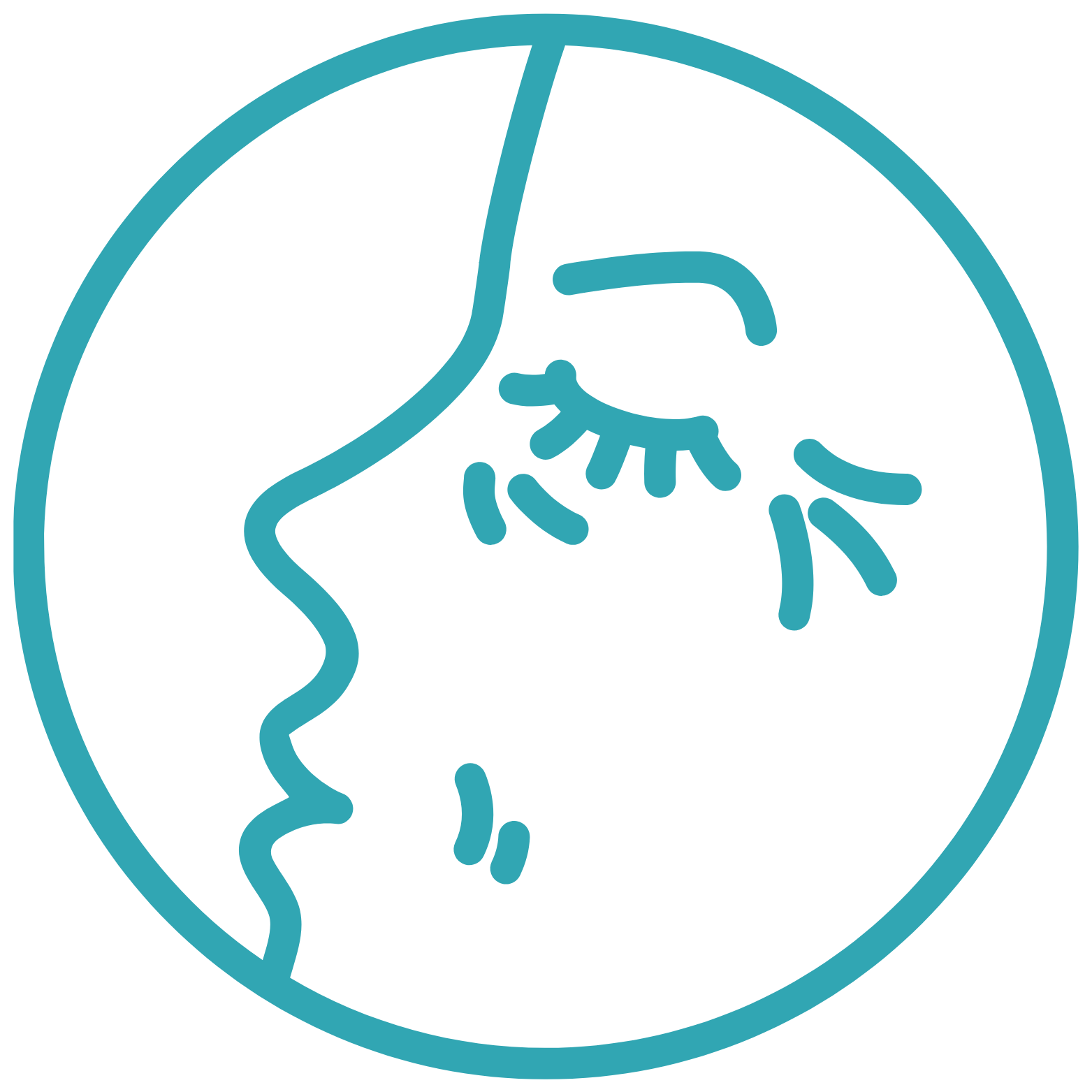 Linienzeichnung eines Gesichts in Profilansicht, das eine Nasenspüle mit fließendem Wasser zeigt, innerhalb eines Kreises.