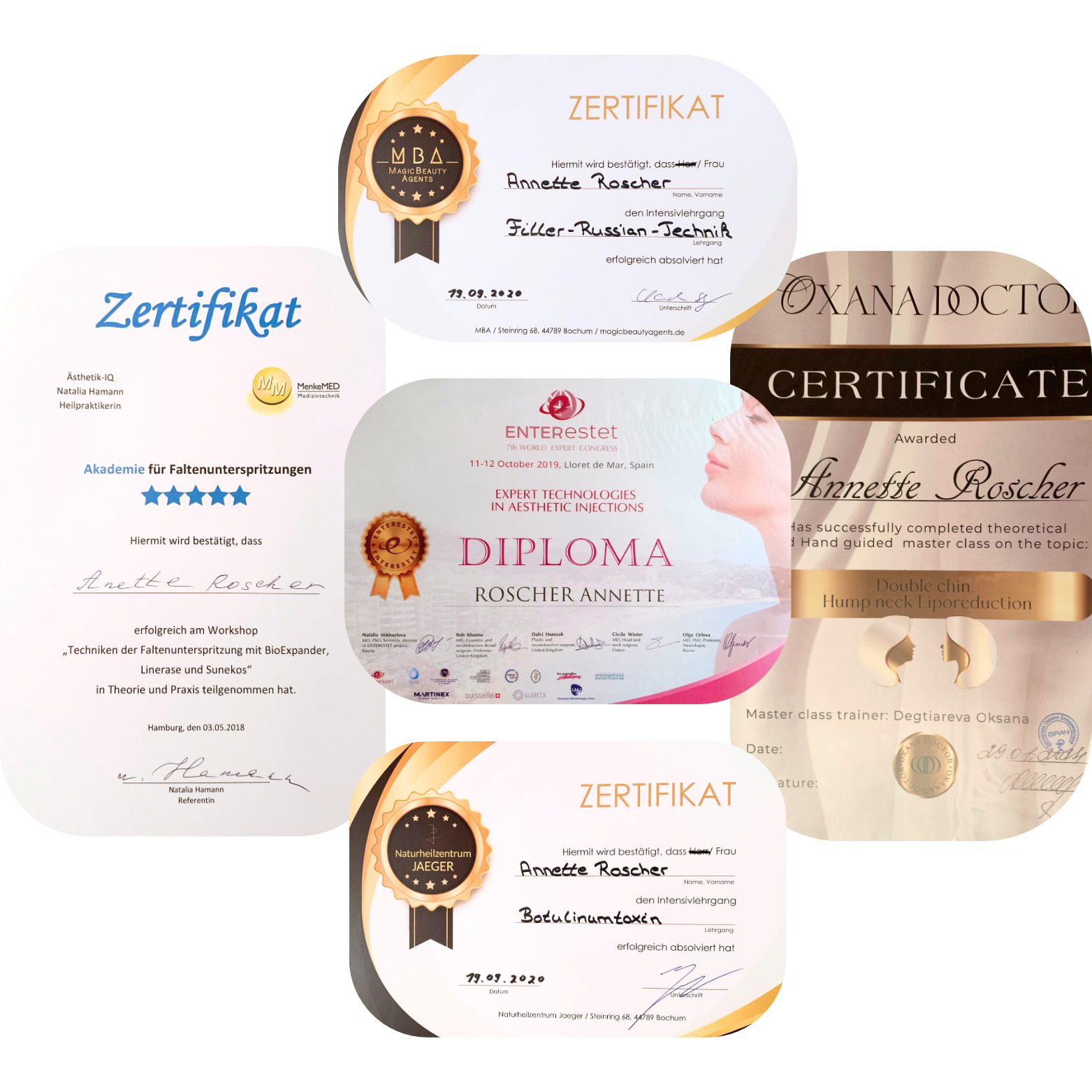 Mehrere ausgestellte Zertifikate für Schulungen und Workshops, darunter Zertifikate für Faltenunterspritzungen, russische Technik, Botulinumtoxin und ästhetische Injektionen, für Annette Roscher.