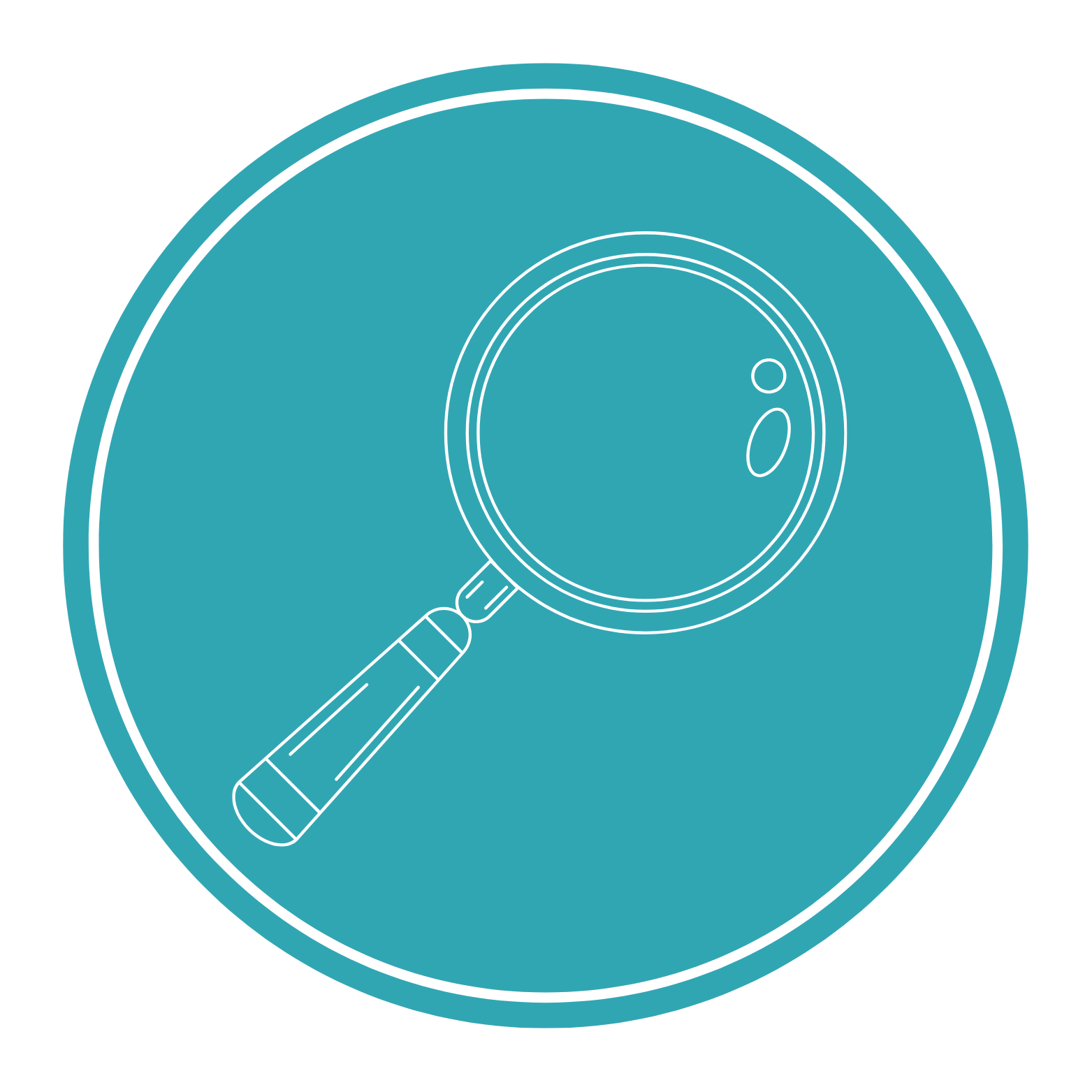 Linienzeichnung eines Lupenwerks auf blauem Kreis-Hintergrund.