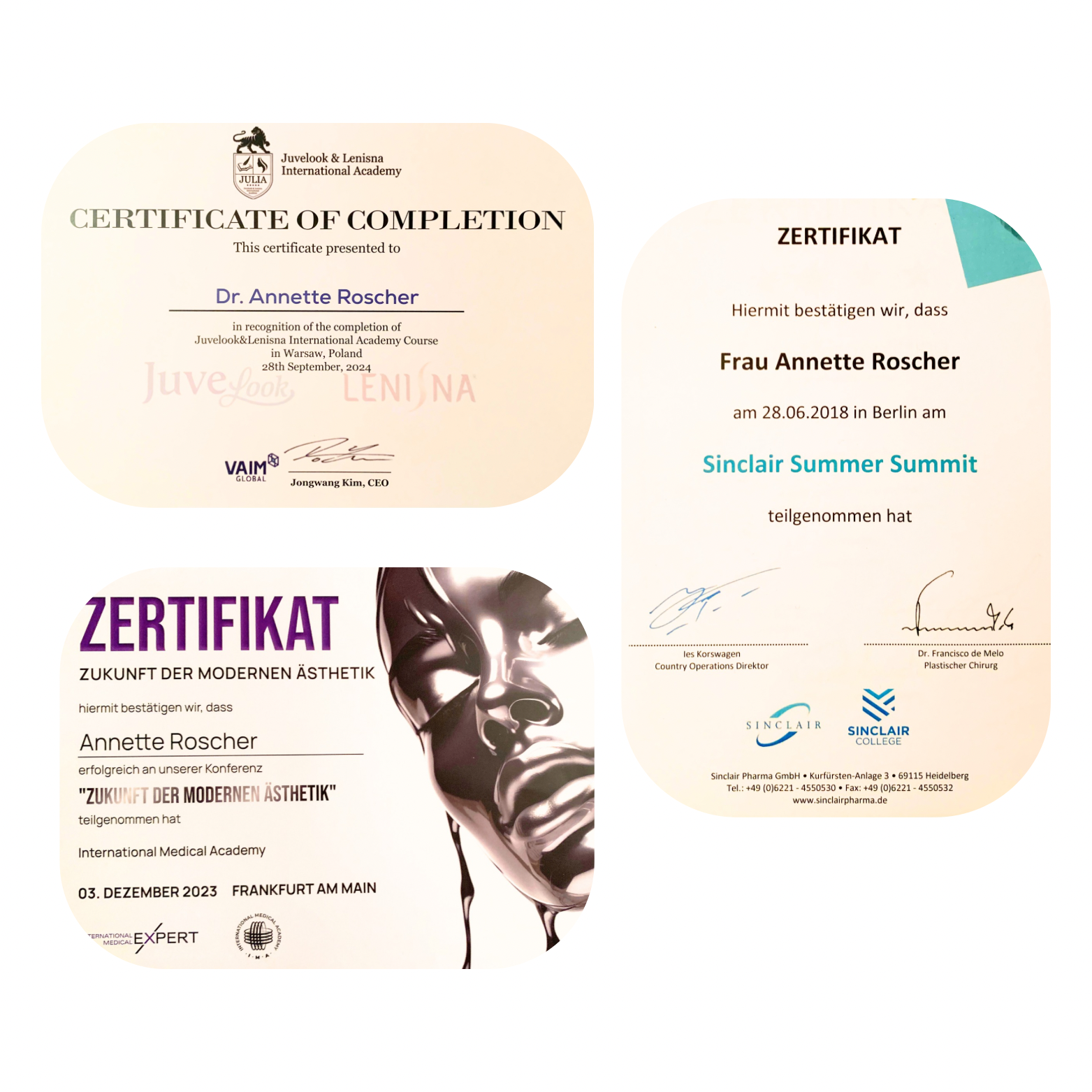 Drei Zertifikate für Annette Roscher, eines von Juvelook & Lenisna International Academy, eines für eine Konferenz in Frankfurt, und eines für eine summer summit in Berlin. Alle Zertifikate enthalten Unterschriften und Logos.
