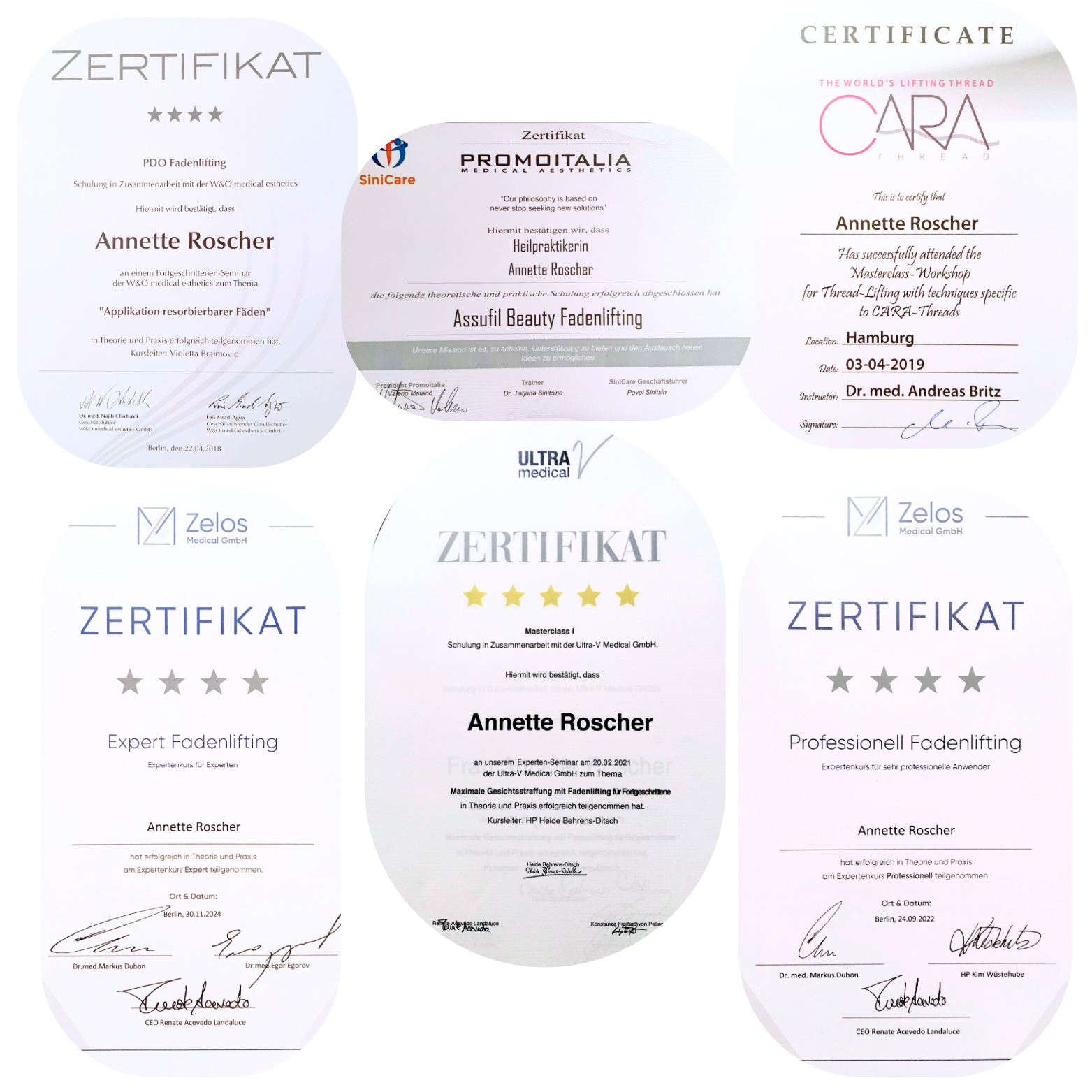 Sammlung von sechs Zertifikaten für Fadenlifting, medizinische Schulungen, Masterclasses und Expertenkurse, ausgestellt an Annette Roscher, in Deutschland, mit Unterschriften und Logos verschiedener Organisationen.