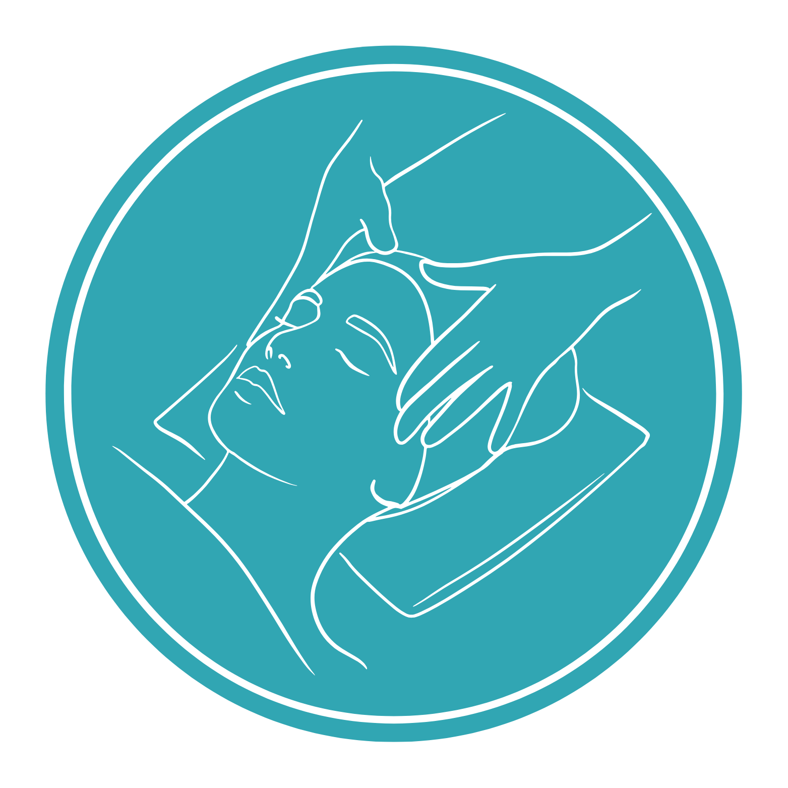 Linienzeichnung einer Person beim Gesicht-Massage, liegend auf einer Behandlungsliege, mit Händen, die das Gesicht massieren.