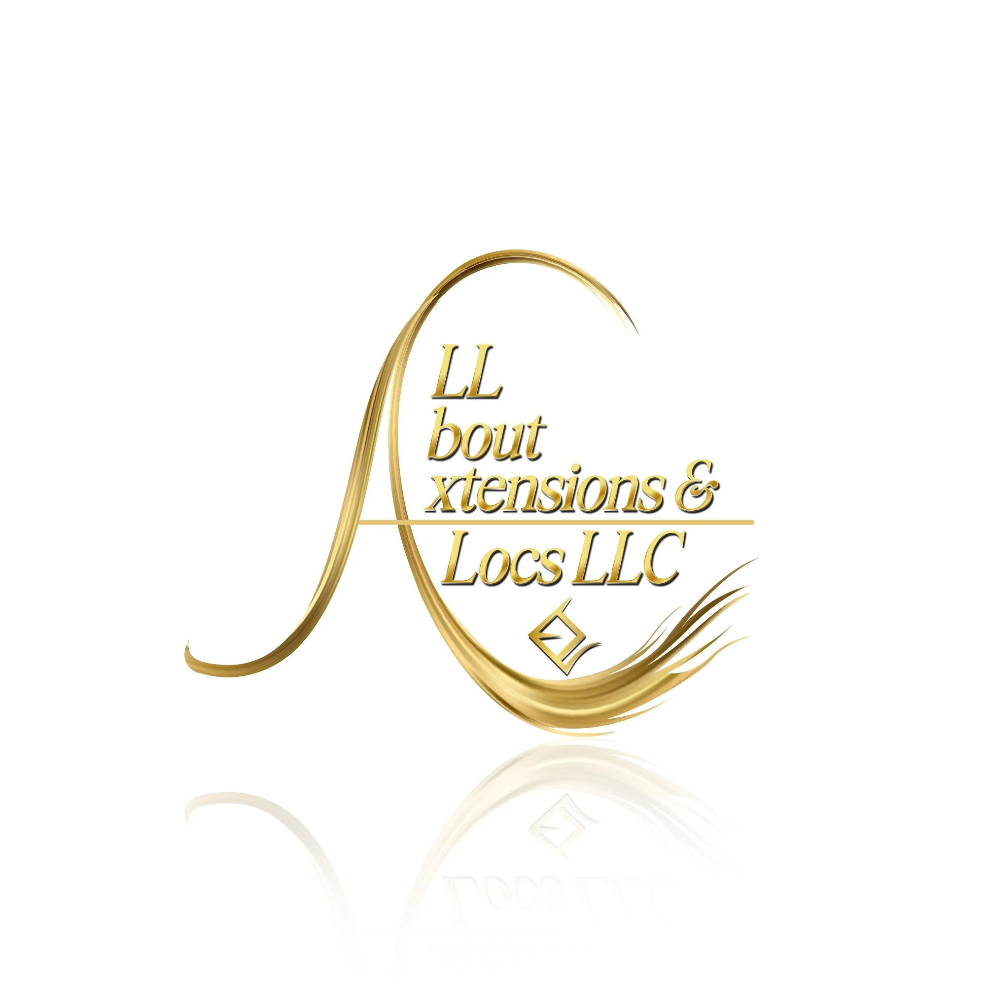 Logo for "All About Extensions & Locs LLC" with a stylized gold letter "A" resembling hair strands.