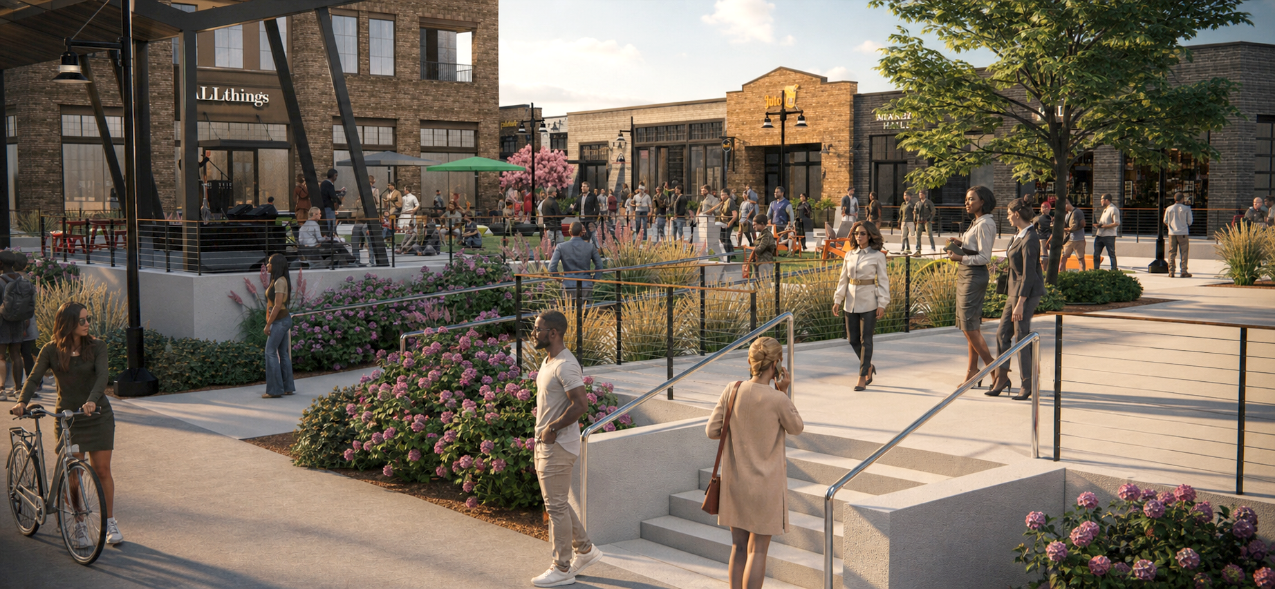 A bustling urban outdoor plaza with people walking, talking, and enjoying leisure activities. The area features landscaped flowerbeds, trees, and seating. Buildings with retail storefronts and signs are visible in the background, along with a stage with musical instruments. The scene is lively with diverse age groups and styles, illuminated by natural lighting.