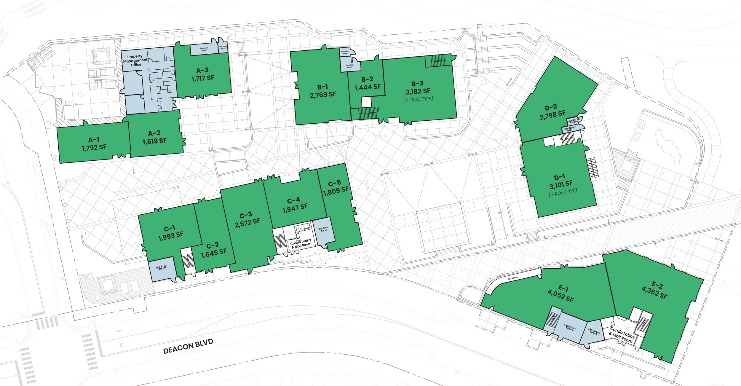 A detailed architectural site plan or layout of a multi-building complex, showing building labels, square footage, and surrounding roads and pathways.